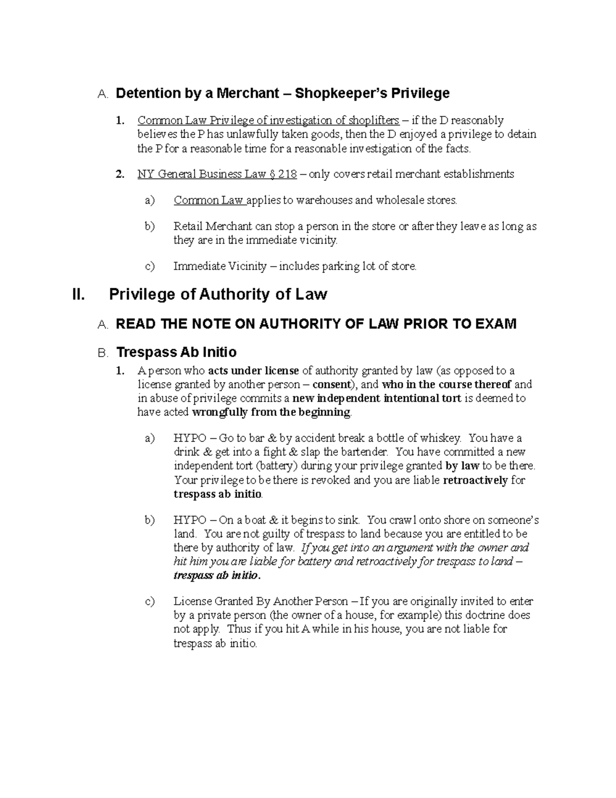 Torts Law Outline - 1 - A. Detention by a Merchant – Shopkeeper’s ...
