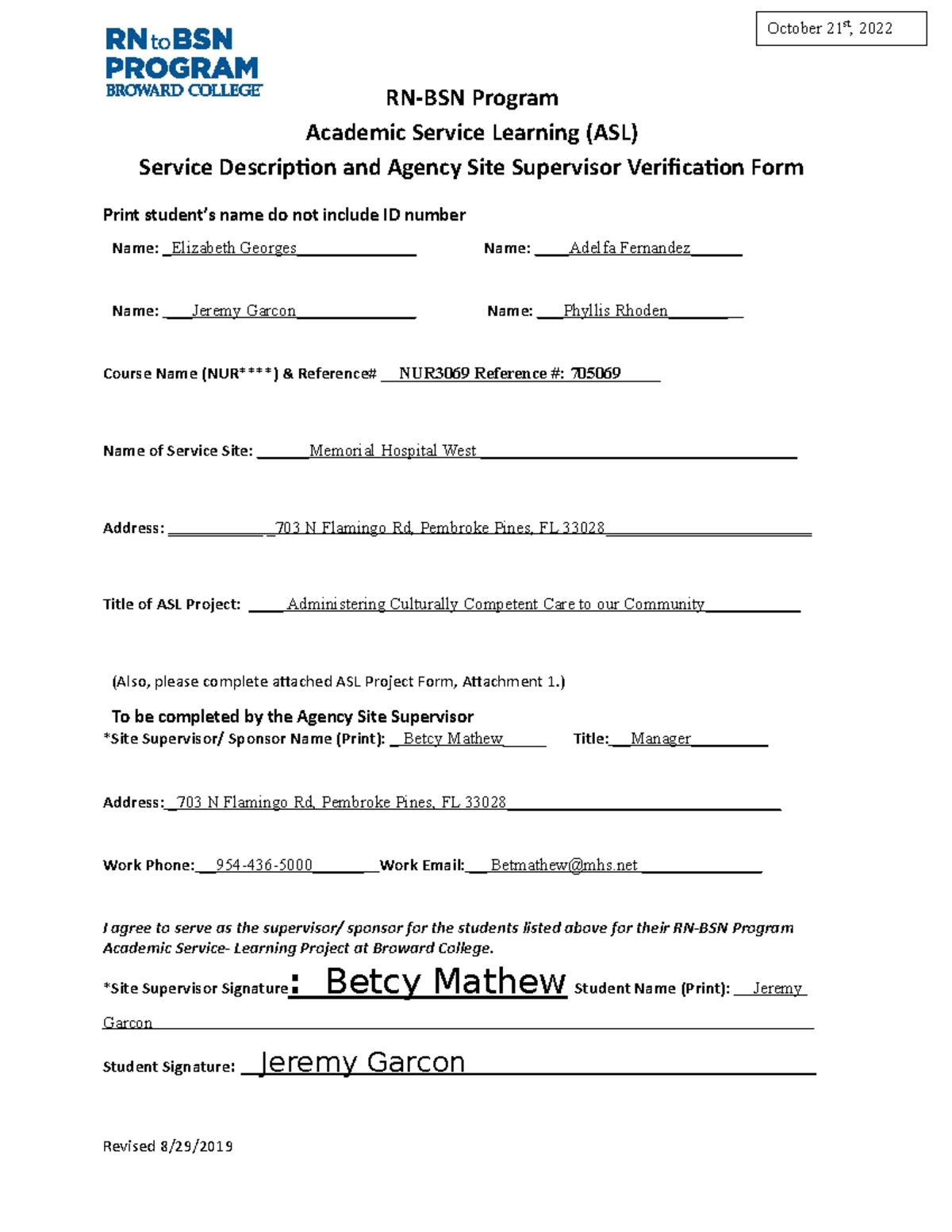 ASL Objective Plan NUR3069 RNBSN Program Academic Service Learning