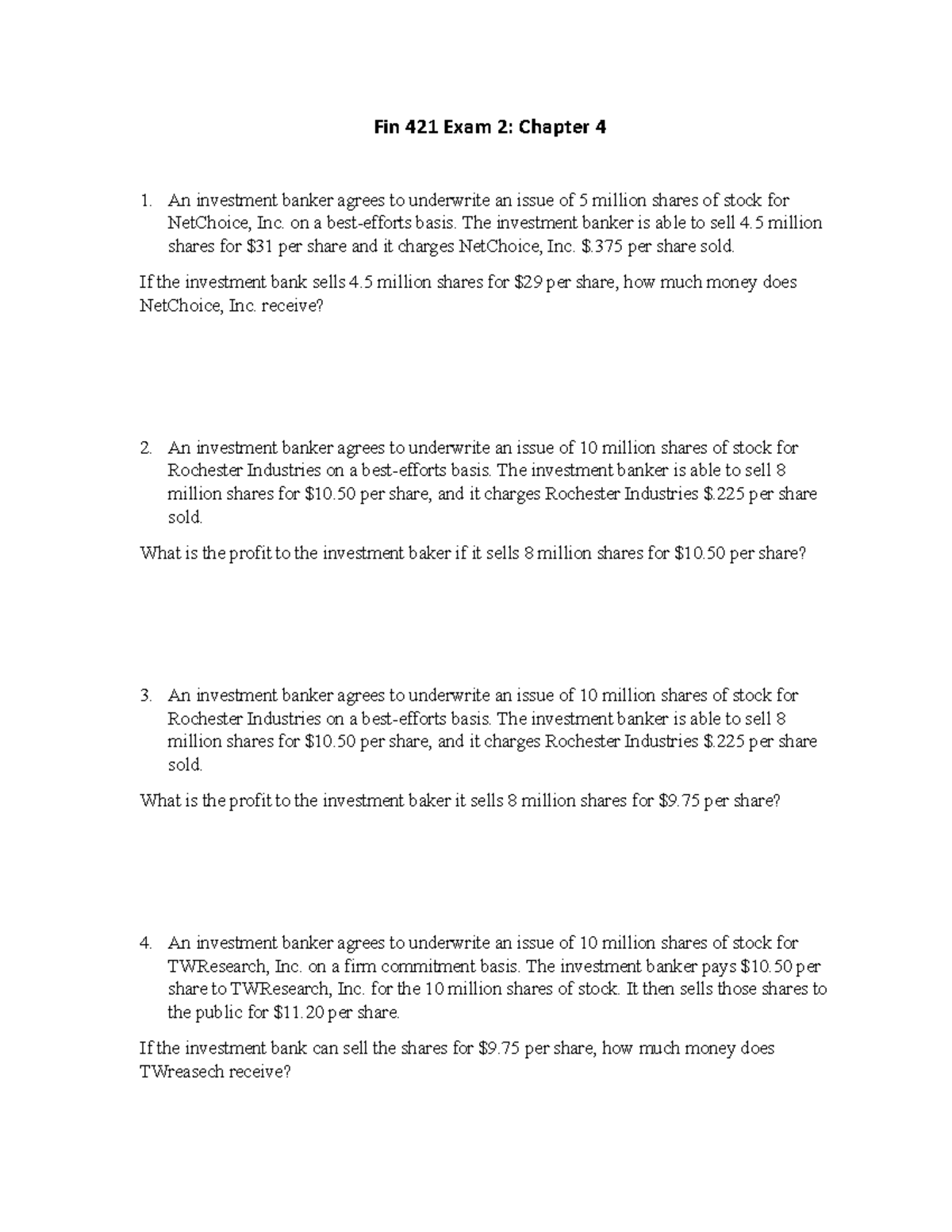 Fin 421 Exam 2 Chapter 4 - Word problems that could be on the exam ...