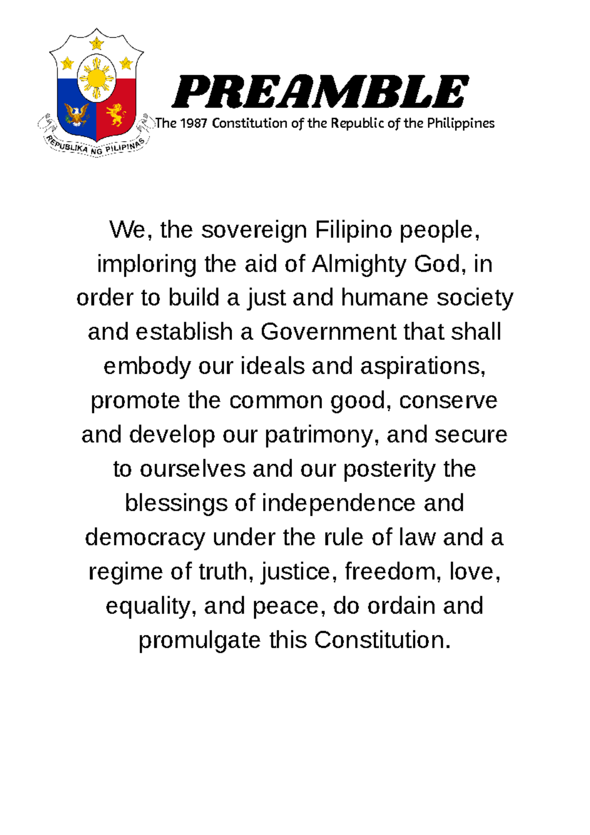 Preamble - We, the sovereign Filipino people, imploring the aid of ...