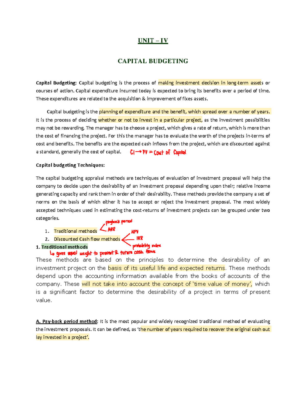 Capital-Budgeting - Capital budgeting - UNIT – IV CAPITAL BUDGETING ...
