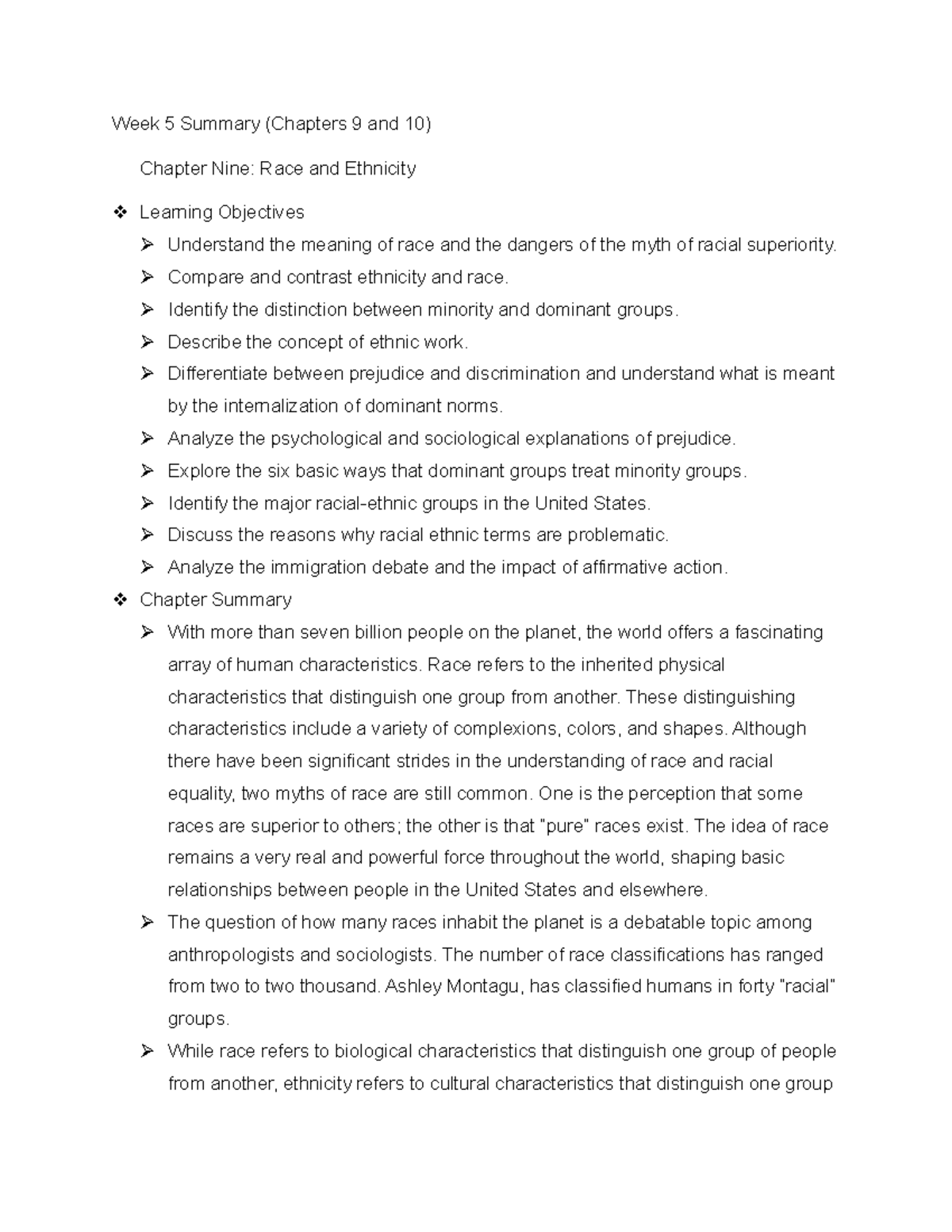Week 5 Summary - Summaries for 9 and 10 - Week 5 Summary (Chapters 9 ...