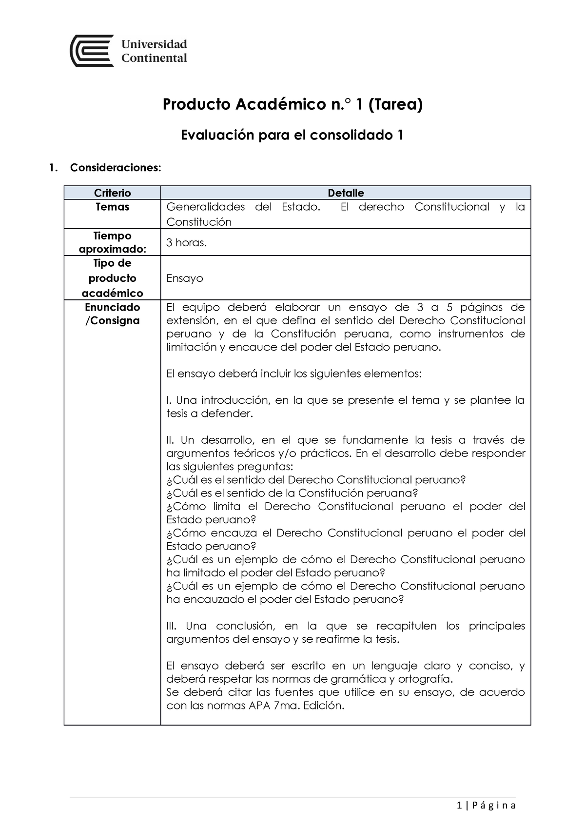 Producto Académico N ° 1 Producto Académico N ° 1 Tarea Evaluación