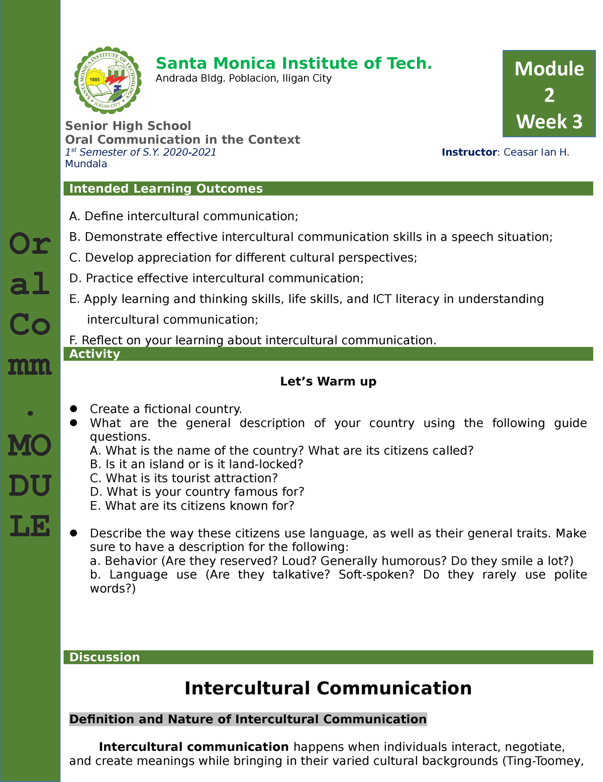 Oral Comm Module 3 4: Intercultural Communication - Senior High School ...