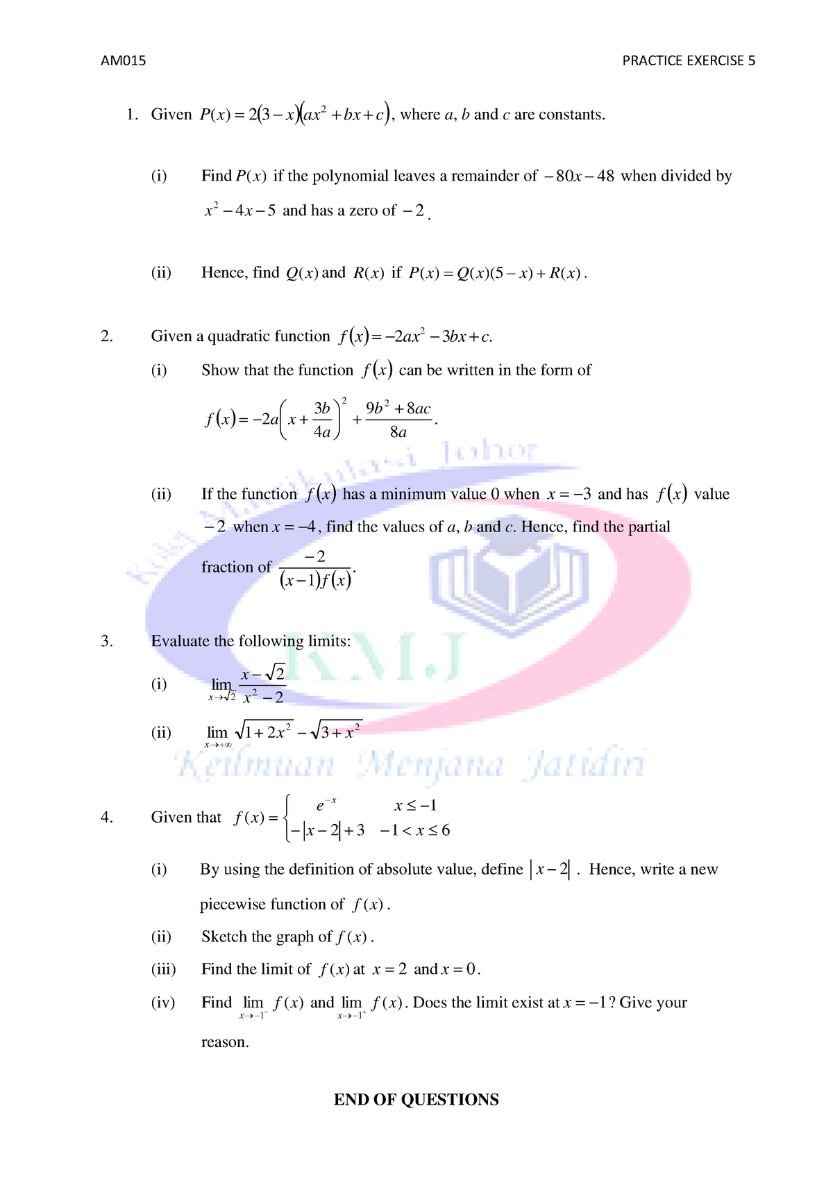 AM015 Practice Exercise 5 Question - AM015 PRACTICE EXERCISE 5 1. Given ...