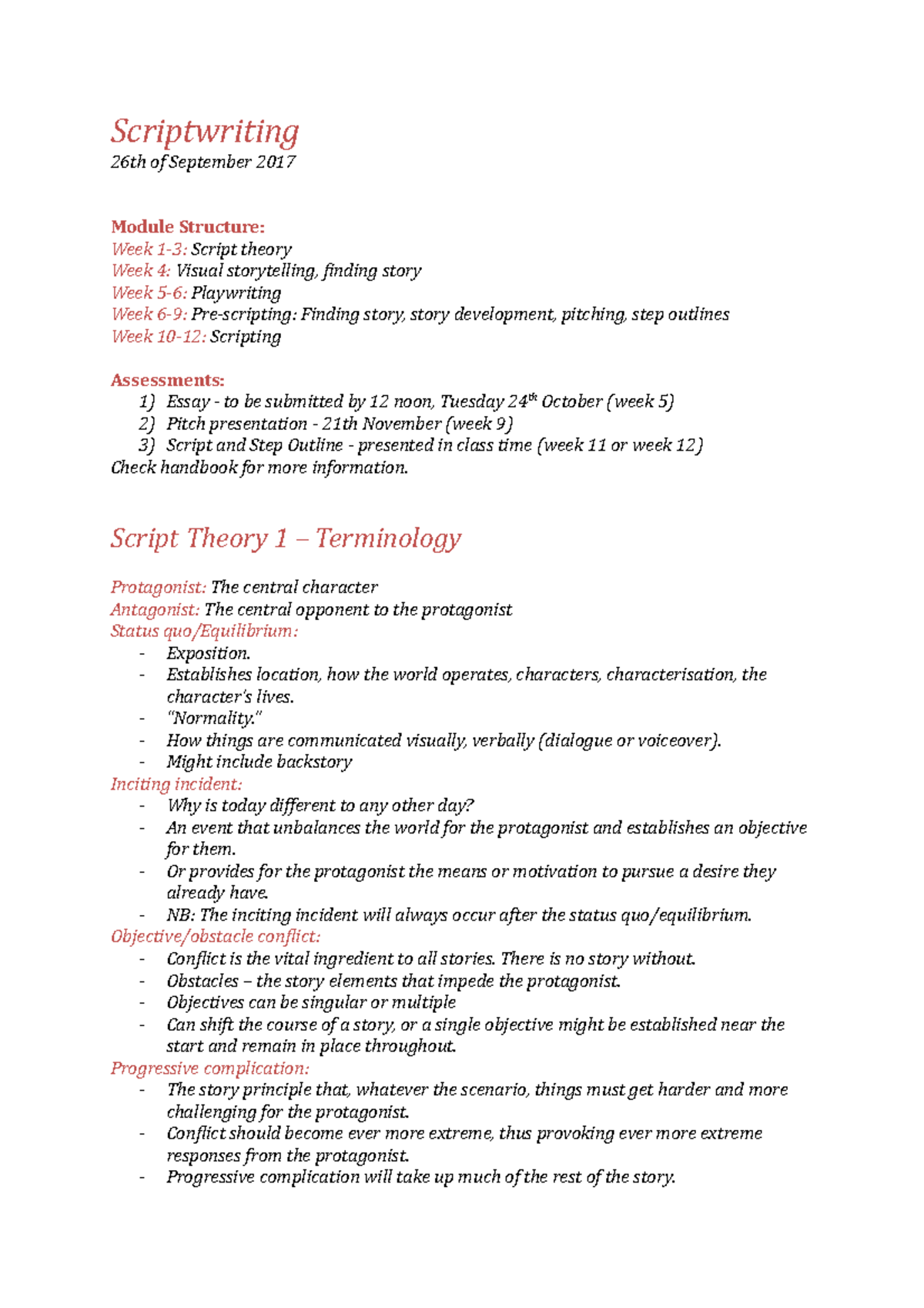 Script terminology Scriptwriting 26th of September 2017 Module