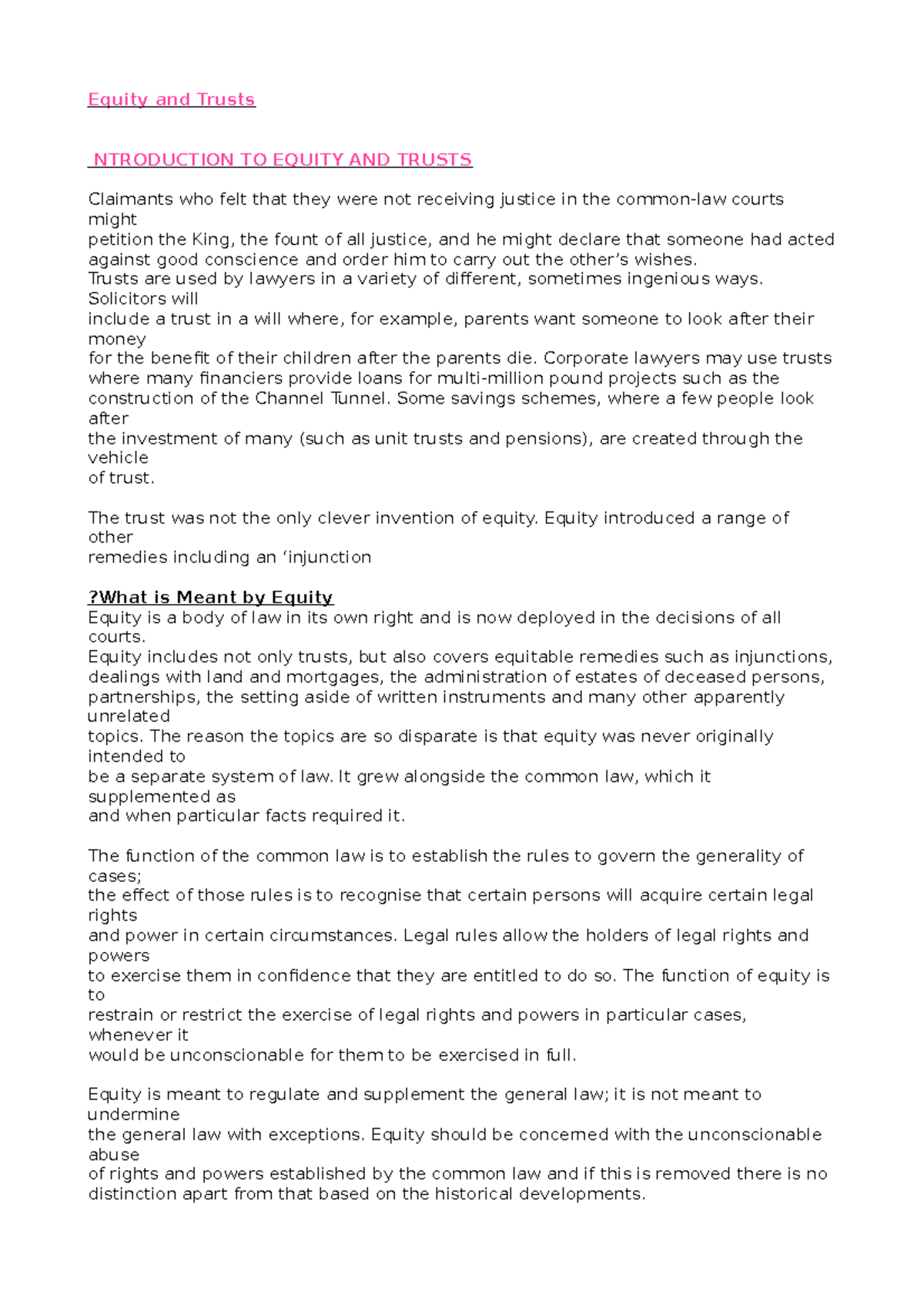 Equity and Trusts Notes - Word - Equity and Trusts NTRODUCTION TO ...