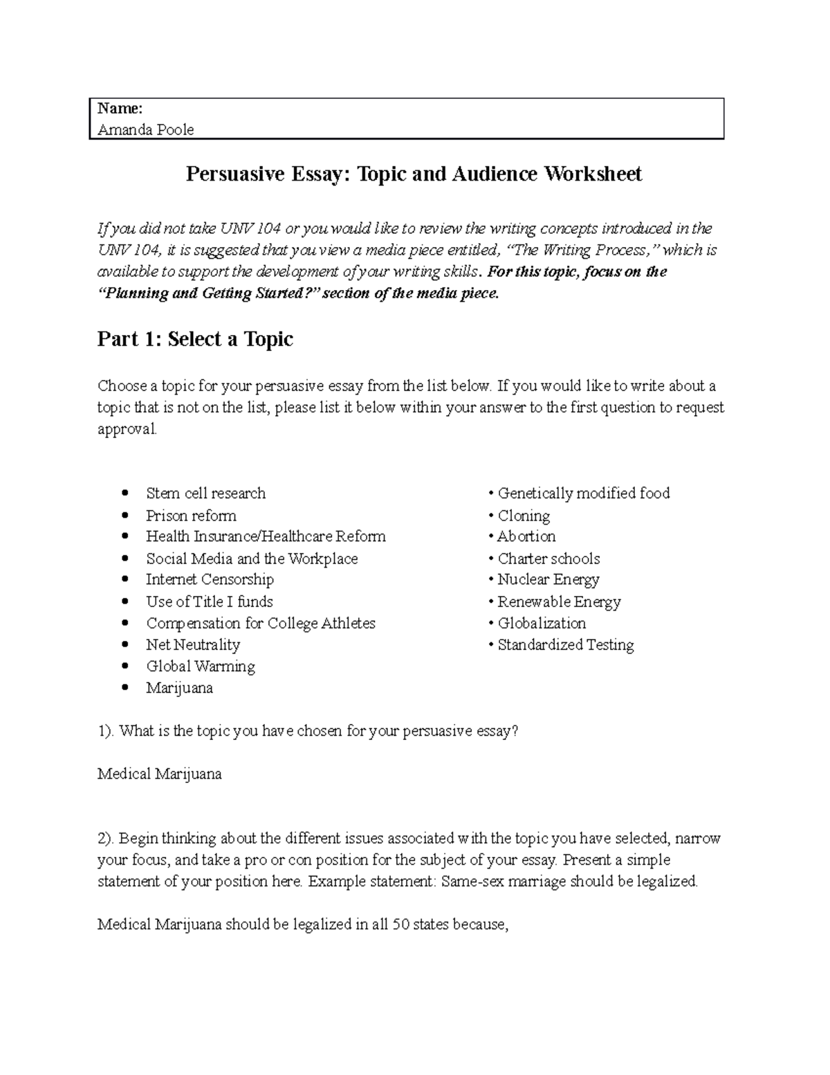 persuasive essay topic and audience worksheet