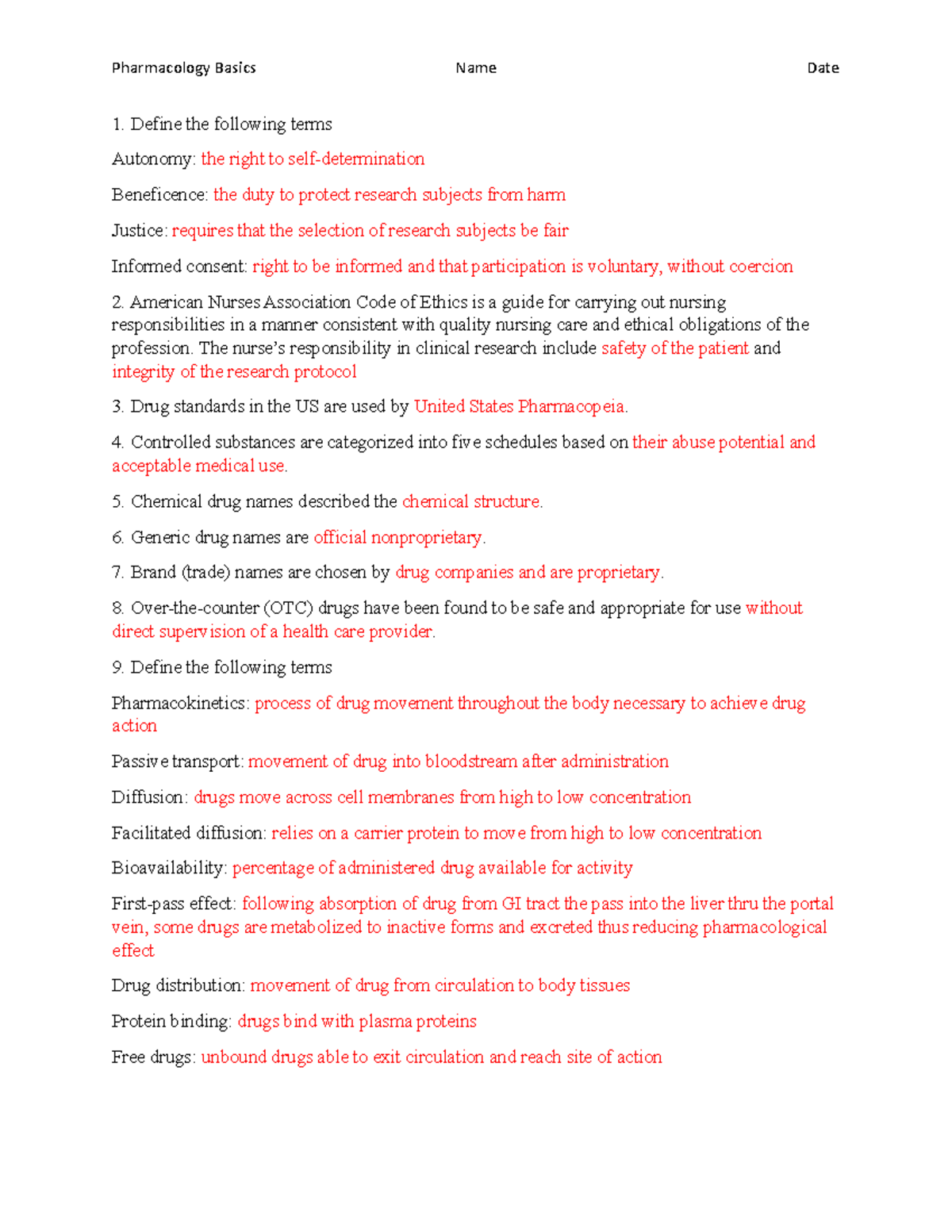 Pharmacology basics with answers Pharmacology Basics Name Date Define