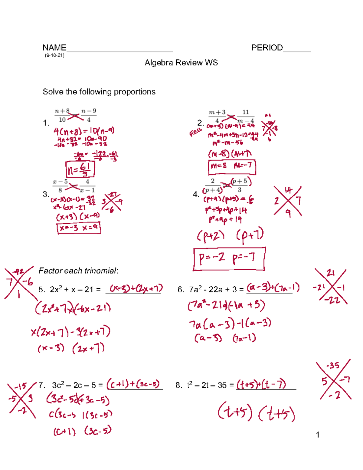 Algebra+Review+WS - Algebra review for algebra II - 1 NAME ...