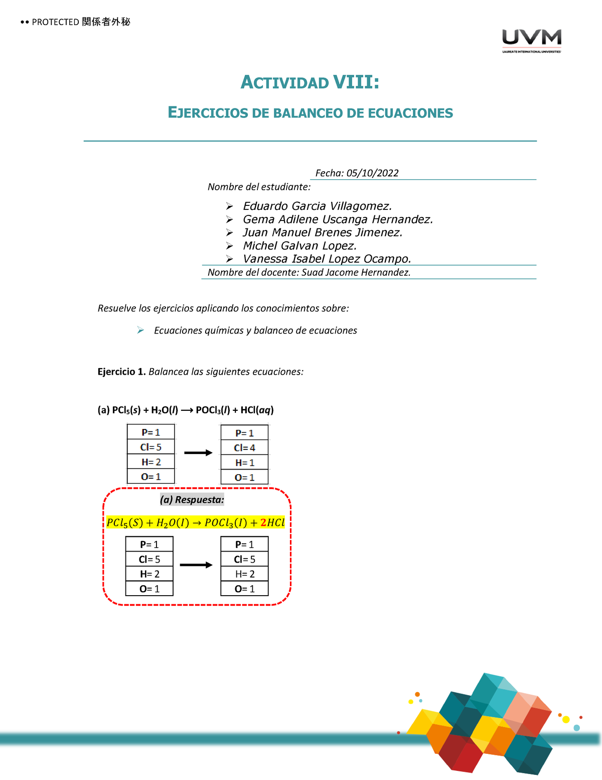 U4 Act8 2 Trabajo Actividad Viii Ejercicios De Balanceo De Ecuaciones Fecha 0510 2500