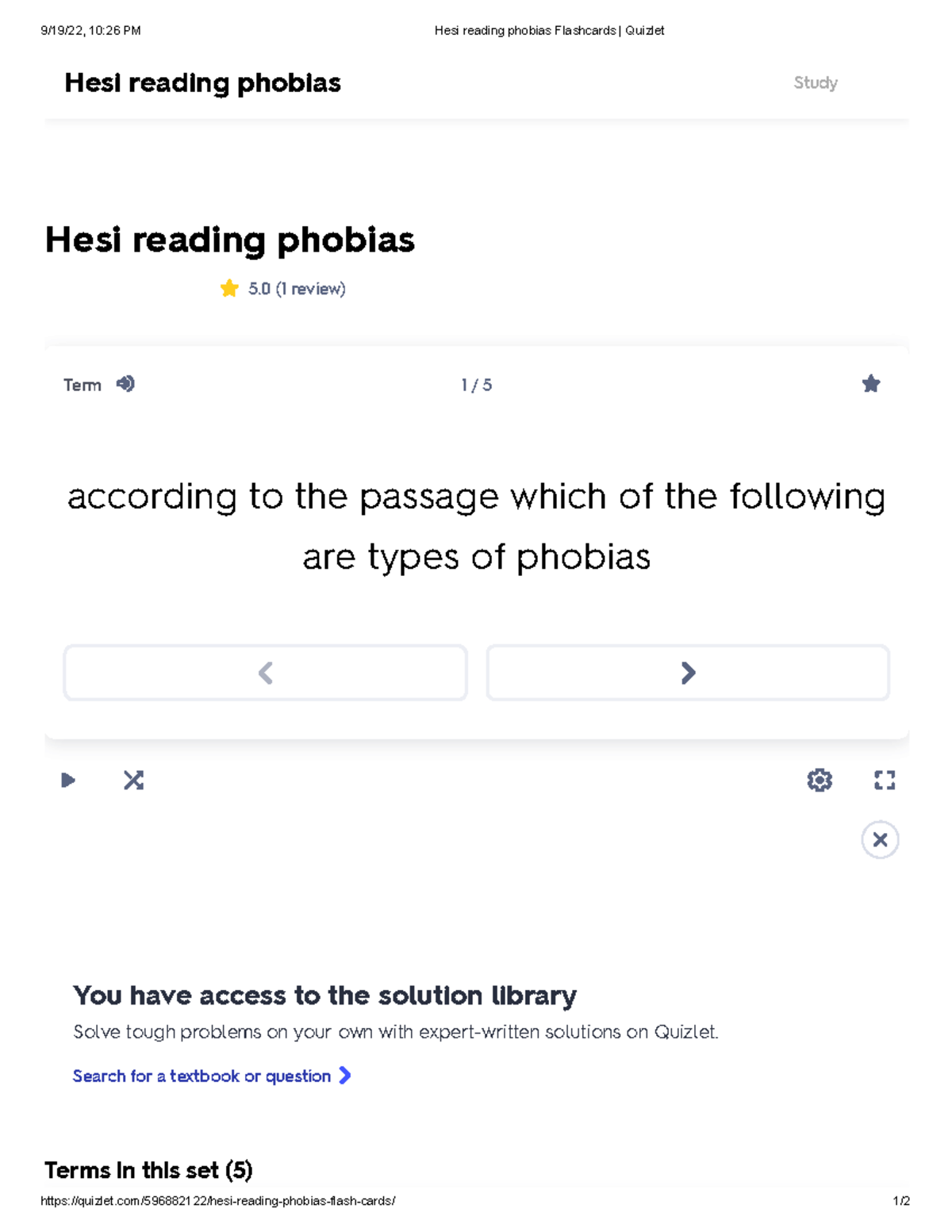 Hesi reading phobias Flashcards Quizlet 9/19/22, 1026 PM Hesi