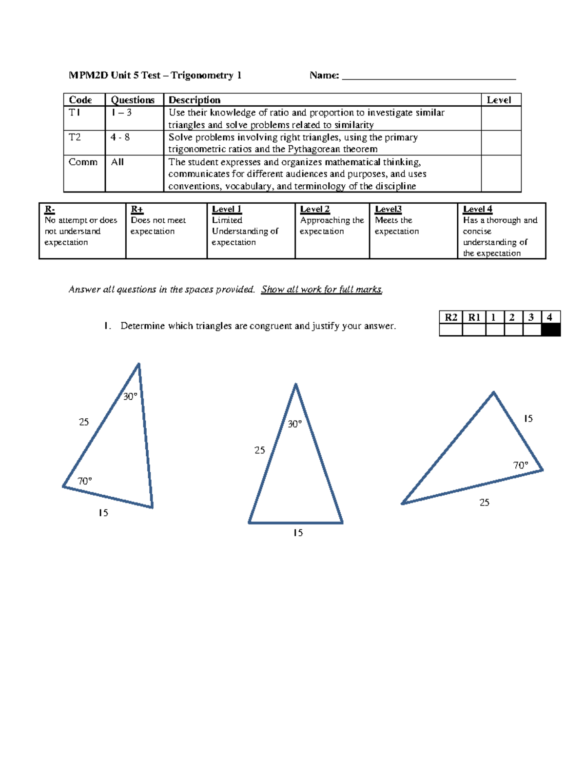 Unit5test-trig 1 - grade 10 - MPM2D Unit 5 Test – Trigonometry 1 Name ...