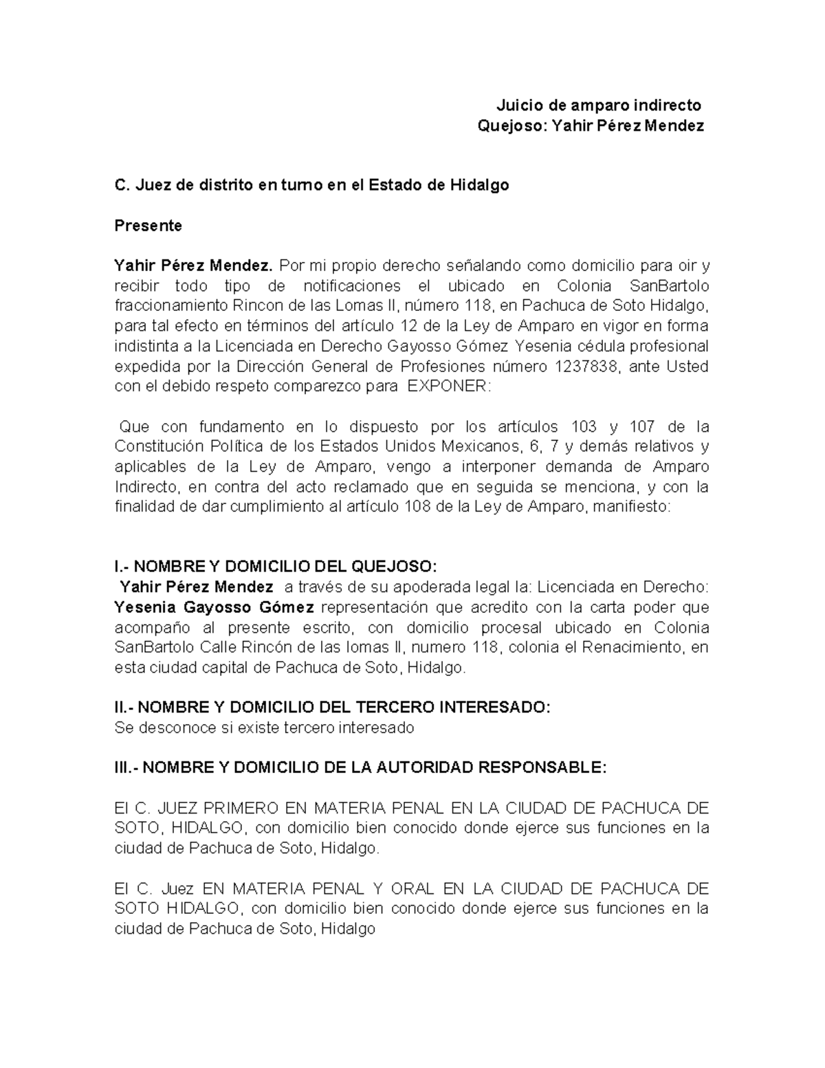 Juicio De Amparo Indirecto Juicio De Amparo Indirecto Quejoso Yahir Pérez Mendez C Juez De 