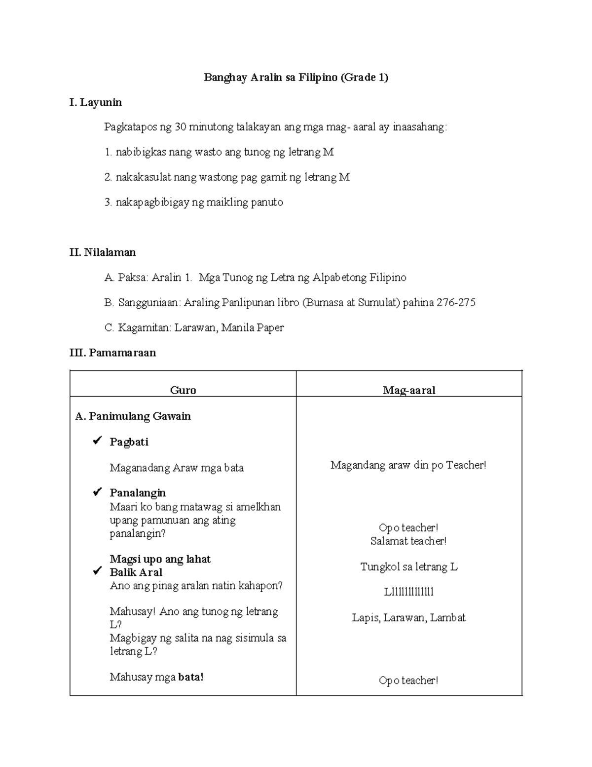 Banghay Aralin Sa Filipino Grade 1 - Layunin Pagkatapos Ng 30 Minutong ...