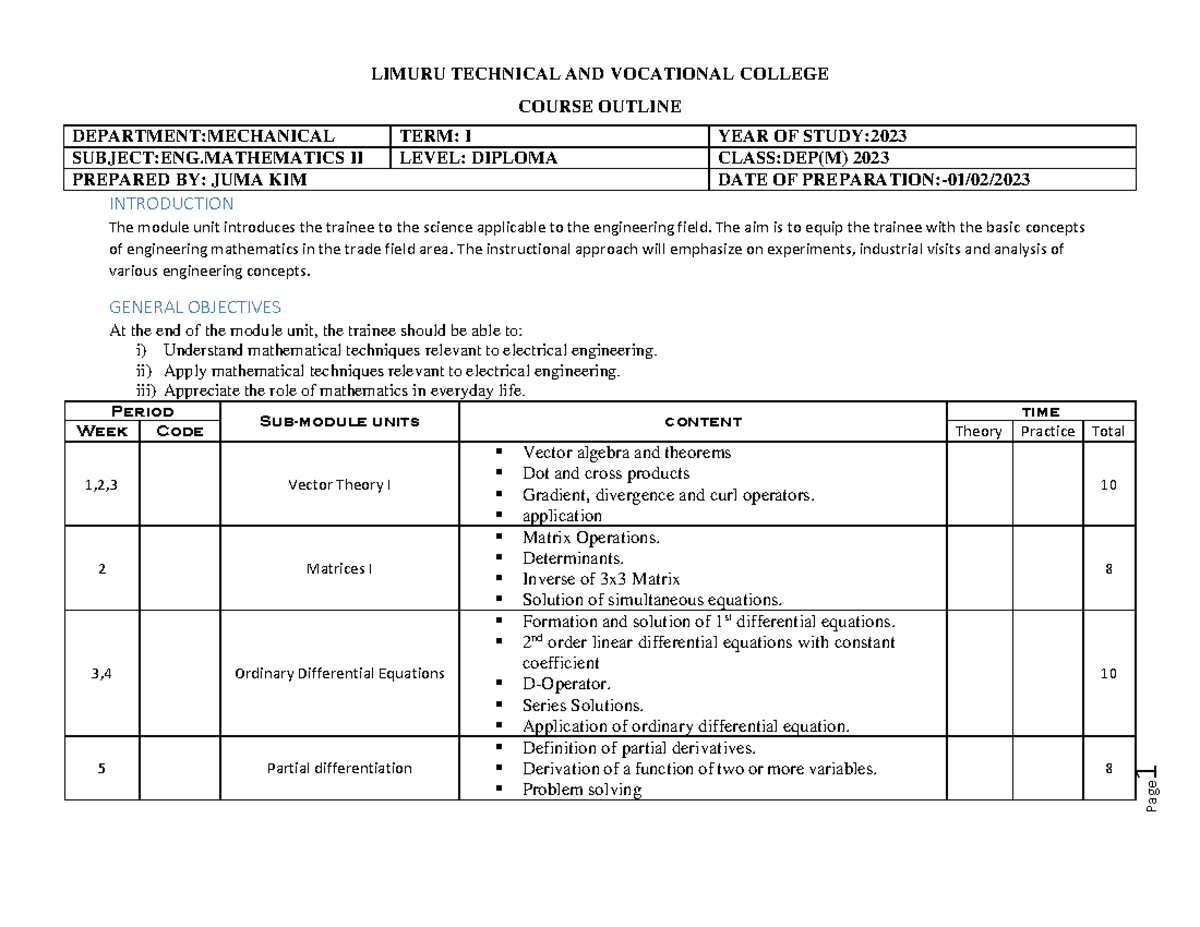 Course Outline Engineering Mathematics II-DEP(M) 2023 - Page 1 LIMURU ...