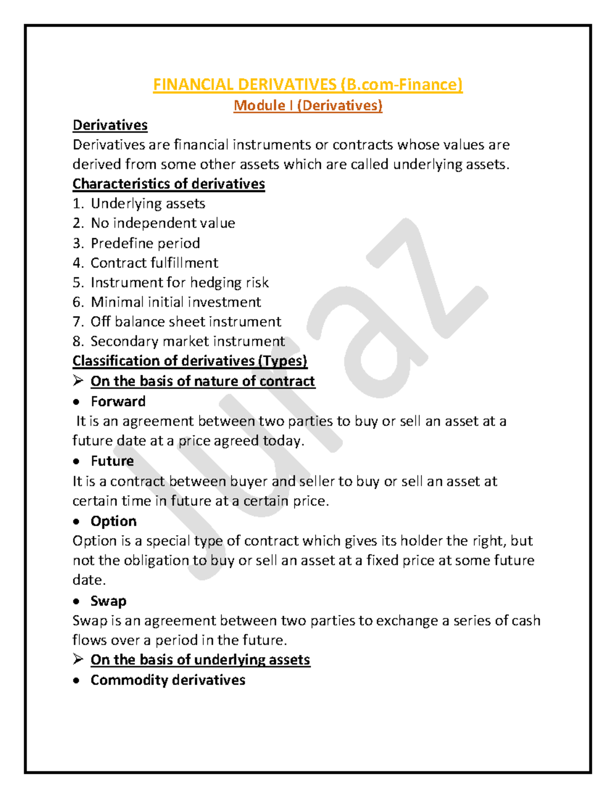 Financial Derivatives- Module I - Short Notes - FINANCIAL DERIVATIVES ...