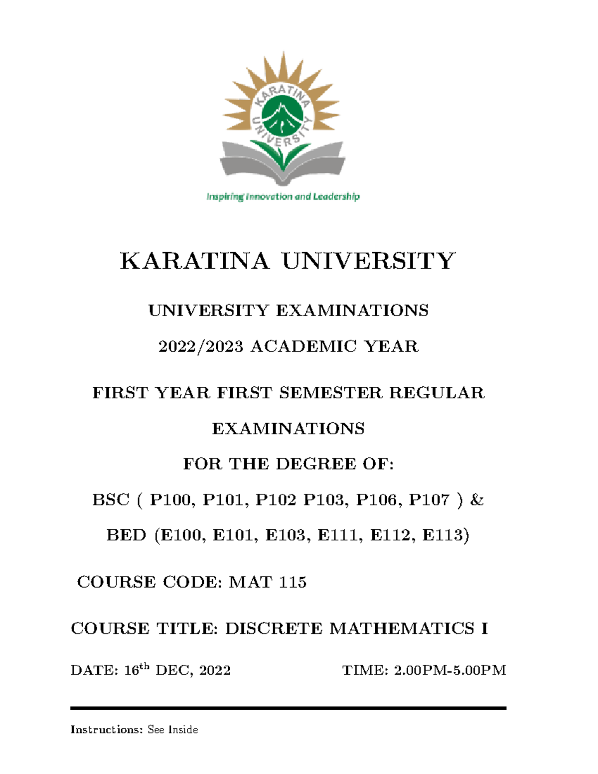 MAT 115 Draft EXAM First SEM 2022 2023 KARATINA UNIVERSITY UNIVERSITY