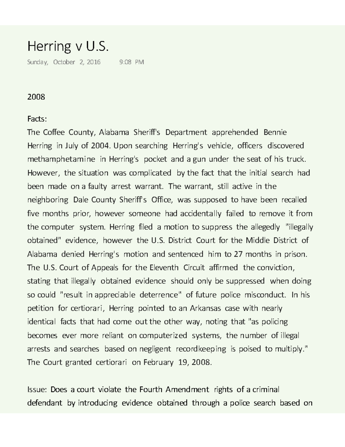 Herring v U.S Summary Criminal Procedure Investigating Crime 2008 Facts The Coffee County