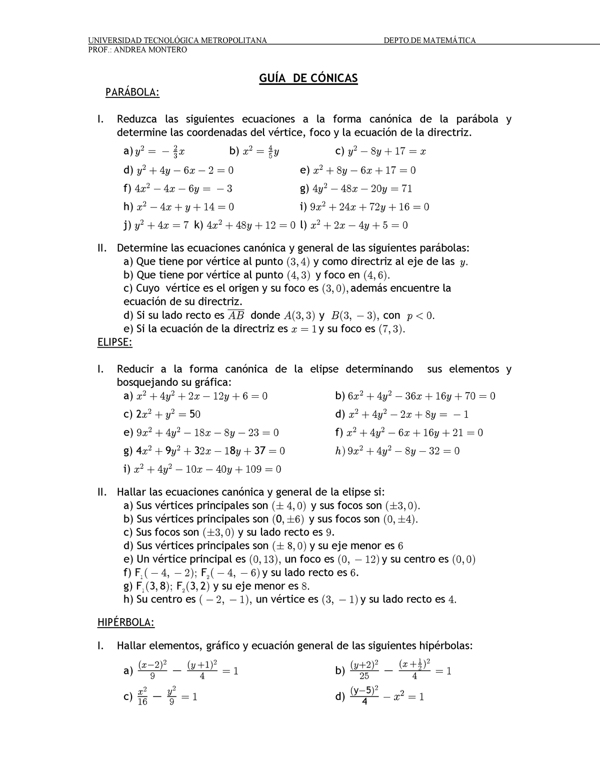 Guia De Conicas Calculo I Utem Studocu