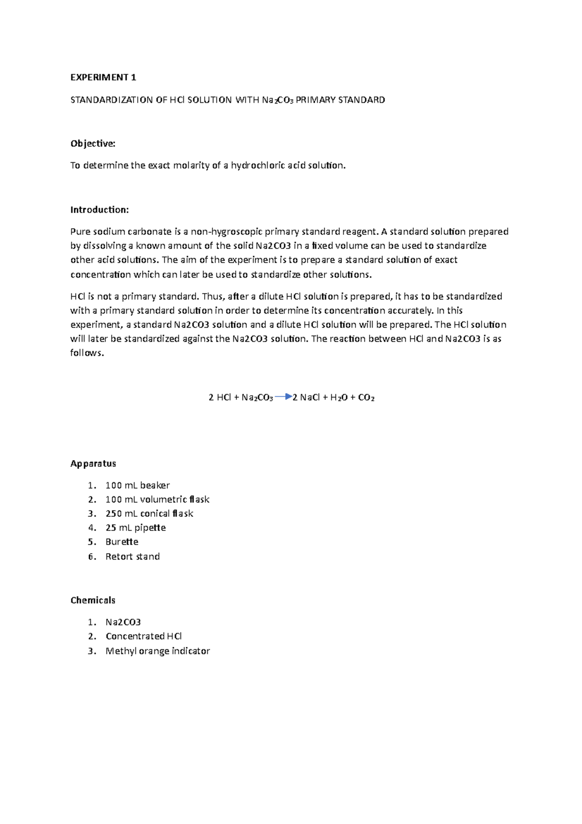 CHM256 EXP 1 - Lab Report Exp 1 - EXPERIMENT 1 STANDARDIZATION OF HCl ...