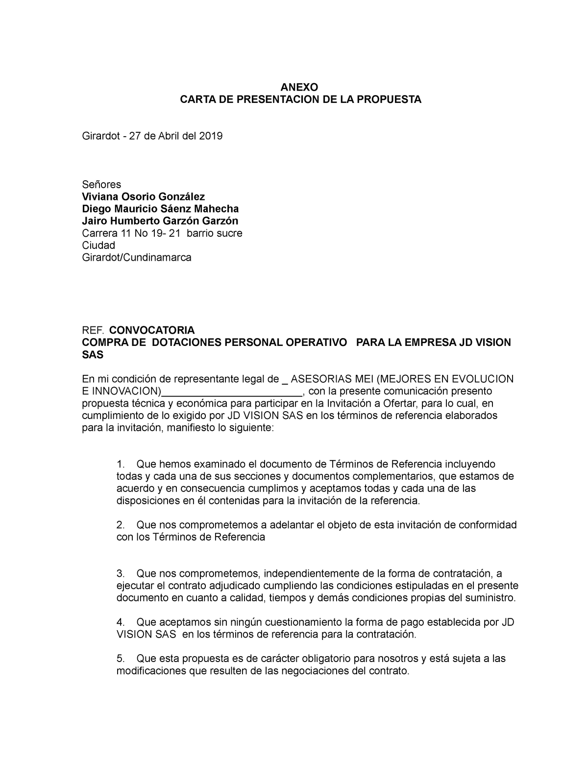 Anexo A - Modelo Carta Presentacion Propuesta - ANEXO CARTA DE PRESENTACION  DE LA PROPUESTA Girardot - Studocu