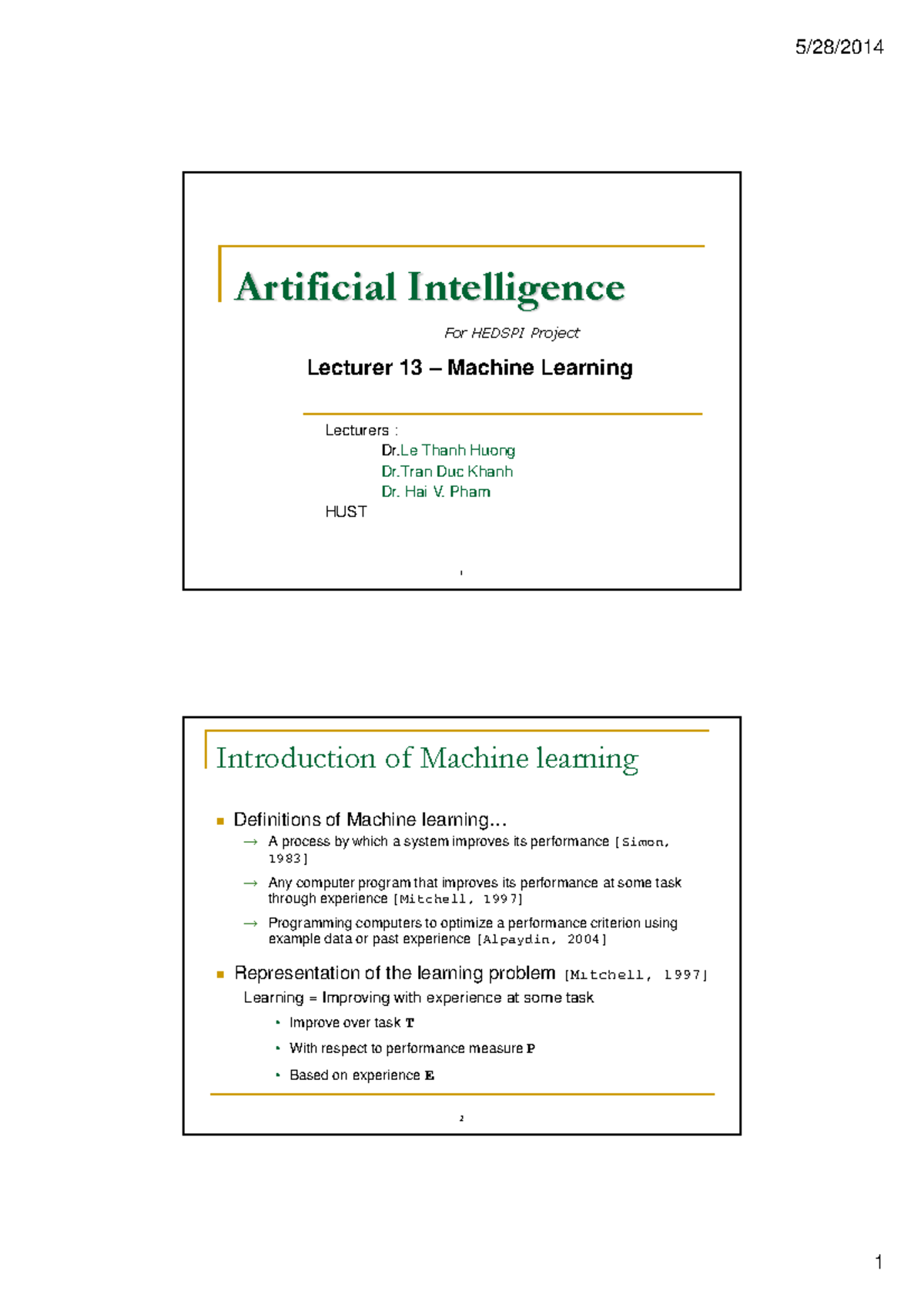 Lecture 13b Machine Learning - Lecturers : Dr Thanh Huong Dr - Studocu