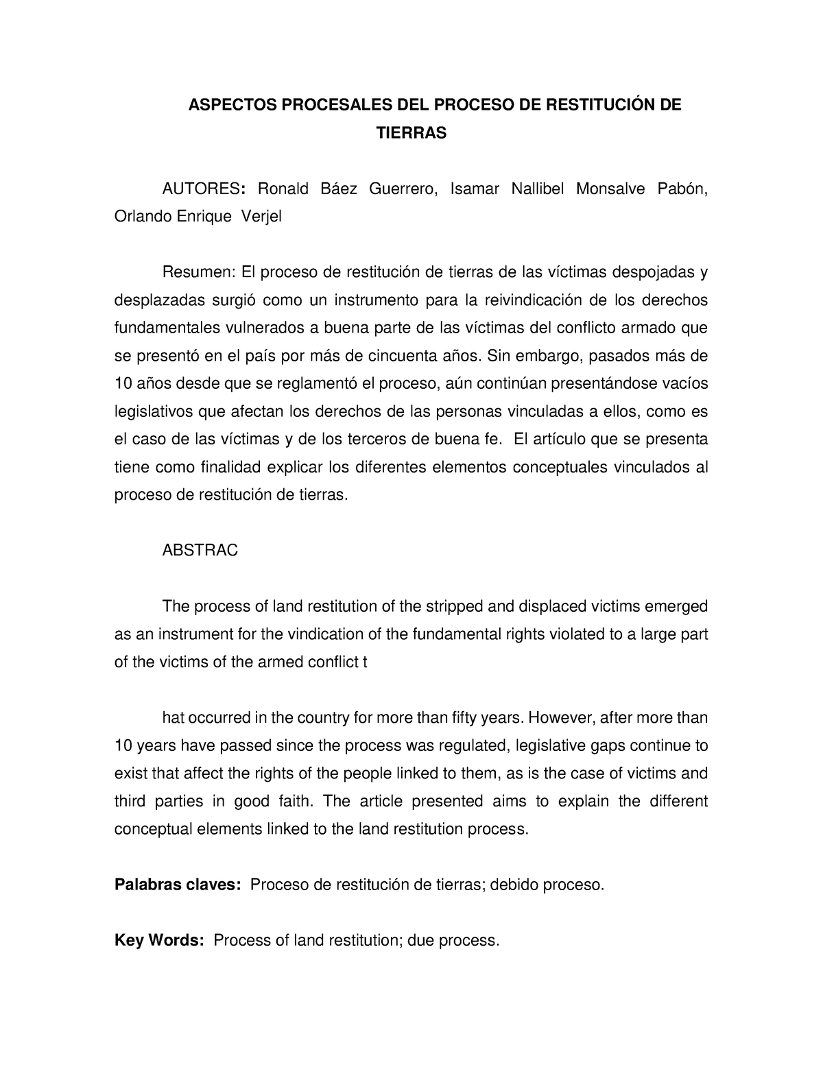 Restitucion De Tierras Aspectos Procesales Del Proceso De RestituciÓn De Tierras Autores