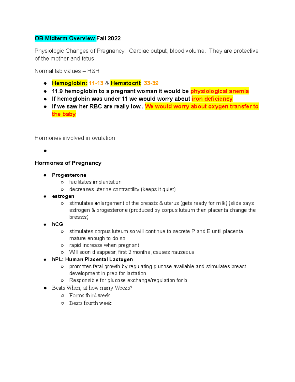 OB midterm - OB Midterm Overview Fall 2022 Physiologic Changes of ...