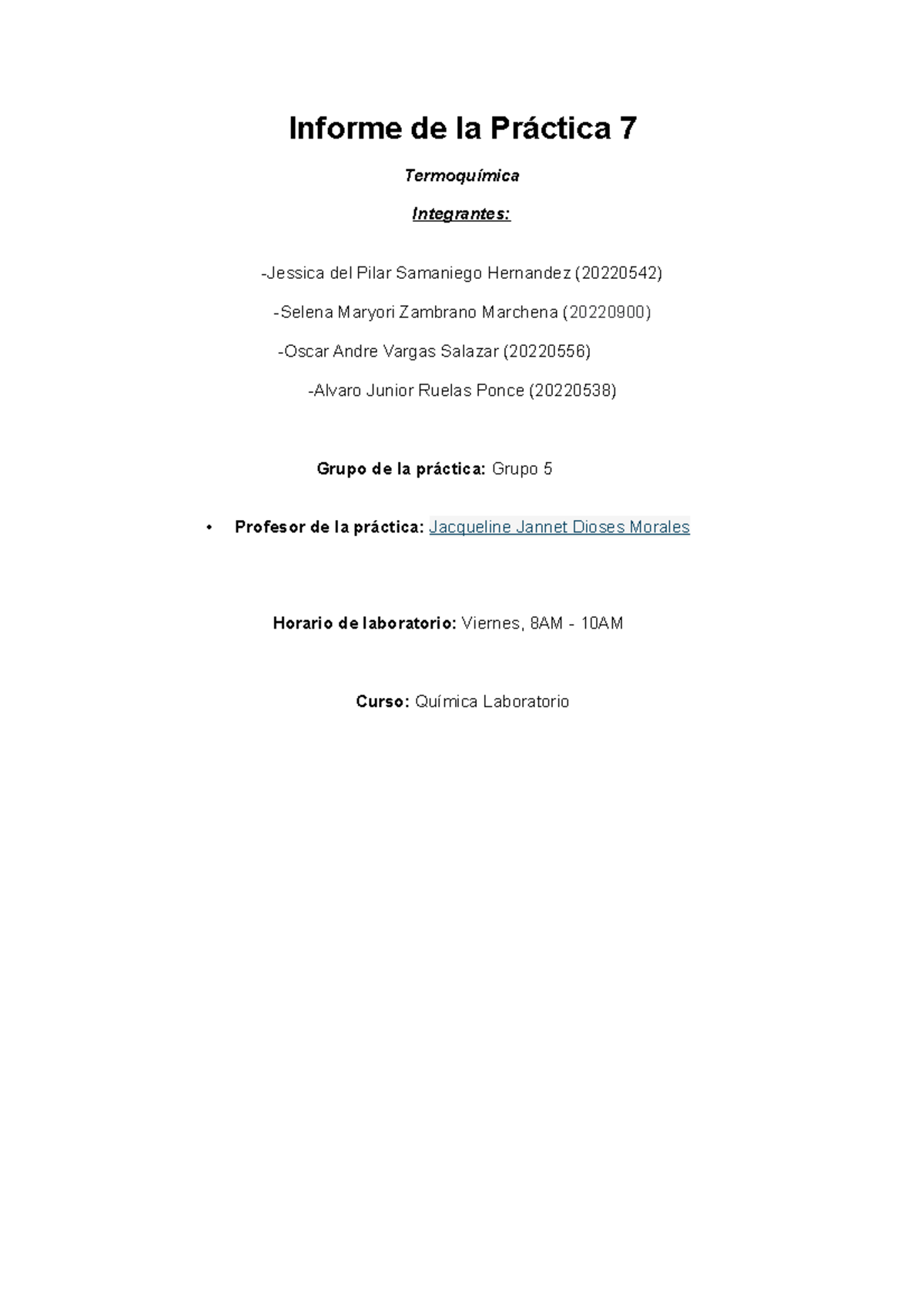 Informe 7 - :) - Informe de la Práctica 7 Termoquímica Integrantes ...