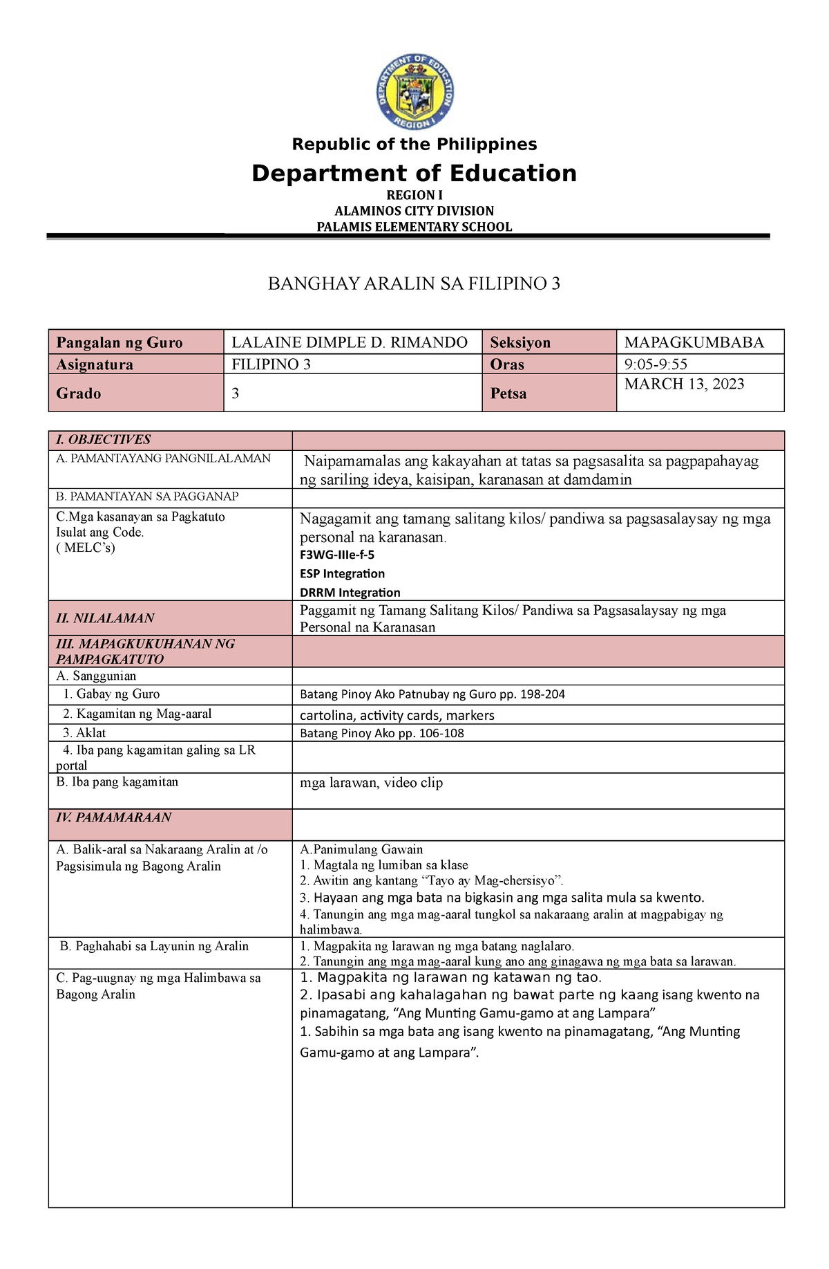 COT DLP In Filipino - Republic Of The Philippines Department Of ...