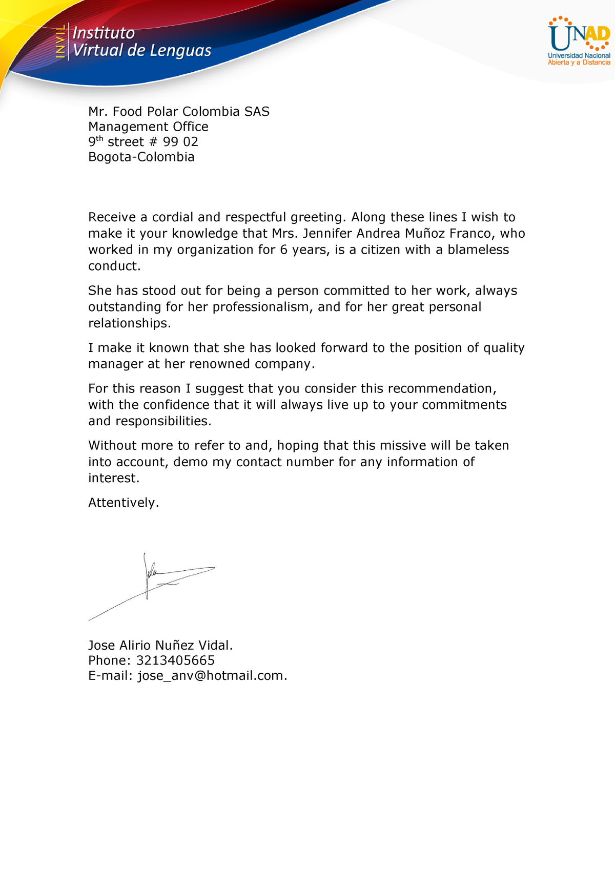 Annex-3-Recommendation-letter-model Jose Nuñez - Mr. Food Polar ...