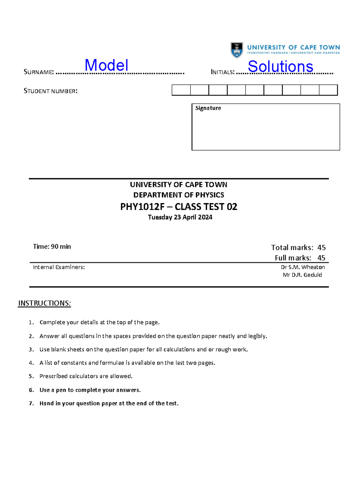 Class Test 2 1012F 2024 model soln - ####### SURNAME: - Studocu