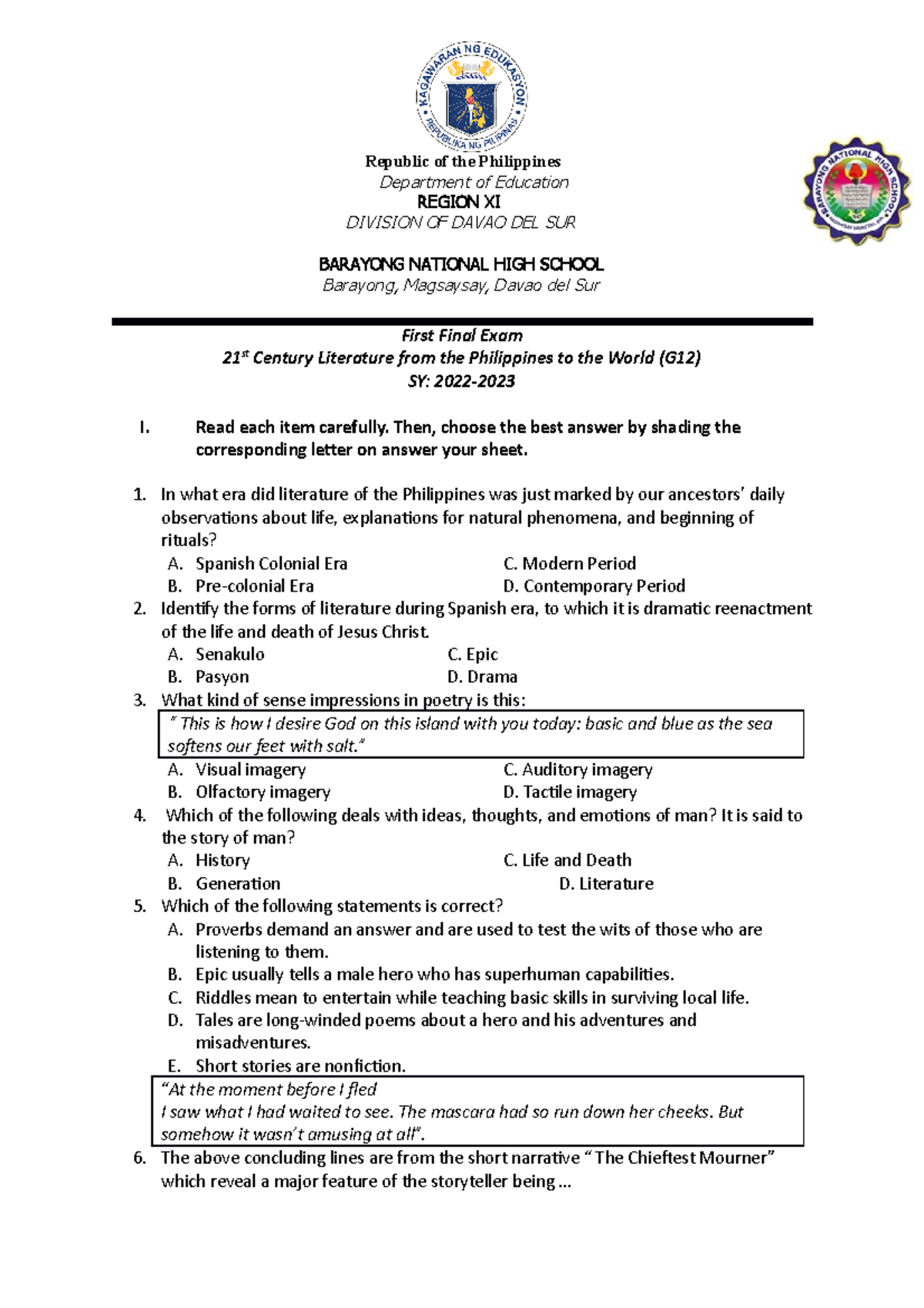 1st Final 21st Century Lit Exam - Republic Of The Philippines ...