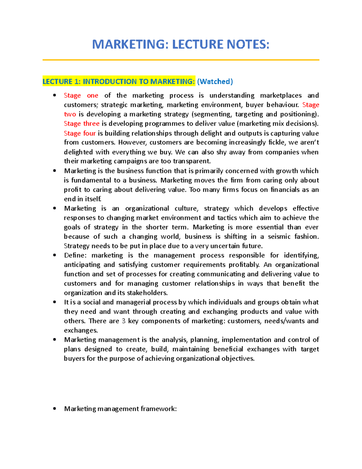 Marketing Lecture Notes - MARKETING: LECTURE NOTES: LECTURE 1 ...