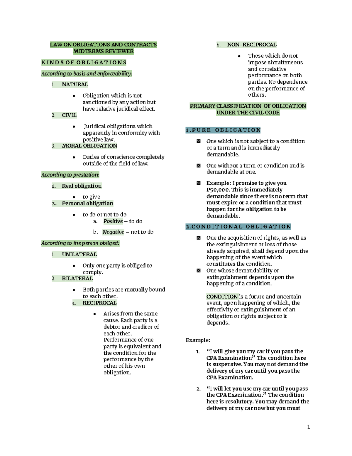 Oblicon Midterm Reviewer - LAW ON OBLIGATIONS AND CONTRACTS MIDTERMS ...