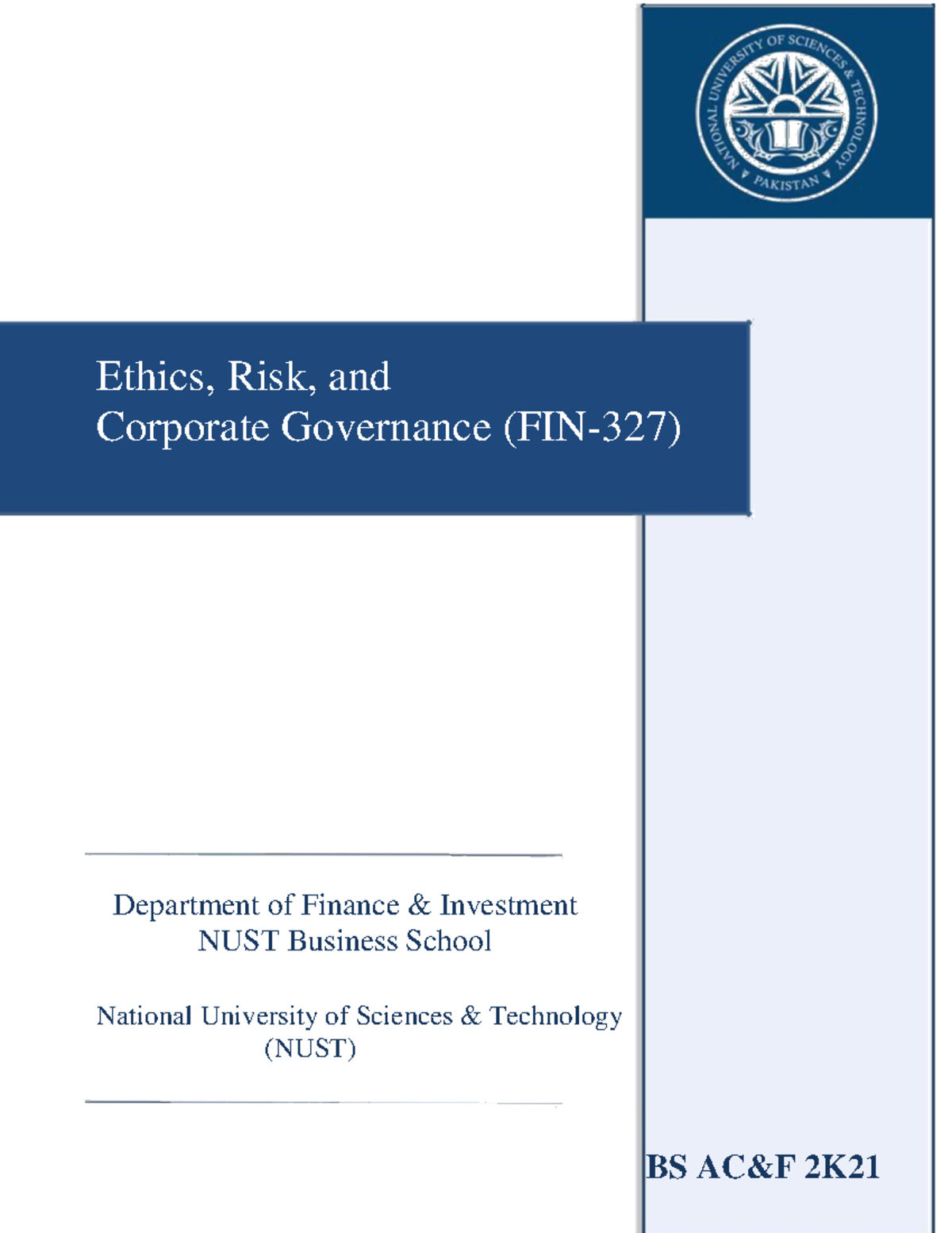 Course Outline - Ethics, Risk, and Corporate Governance BSAF - Ethics ...