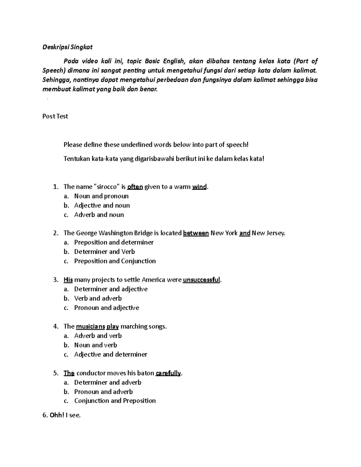 Post Test Introduction to Part of Speech - Deskripsi Singkat Pada video ...