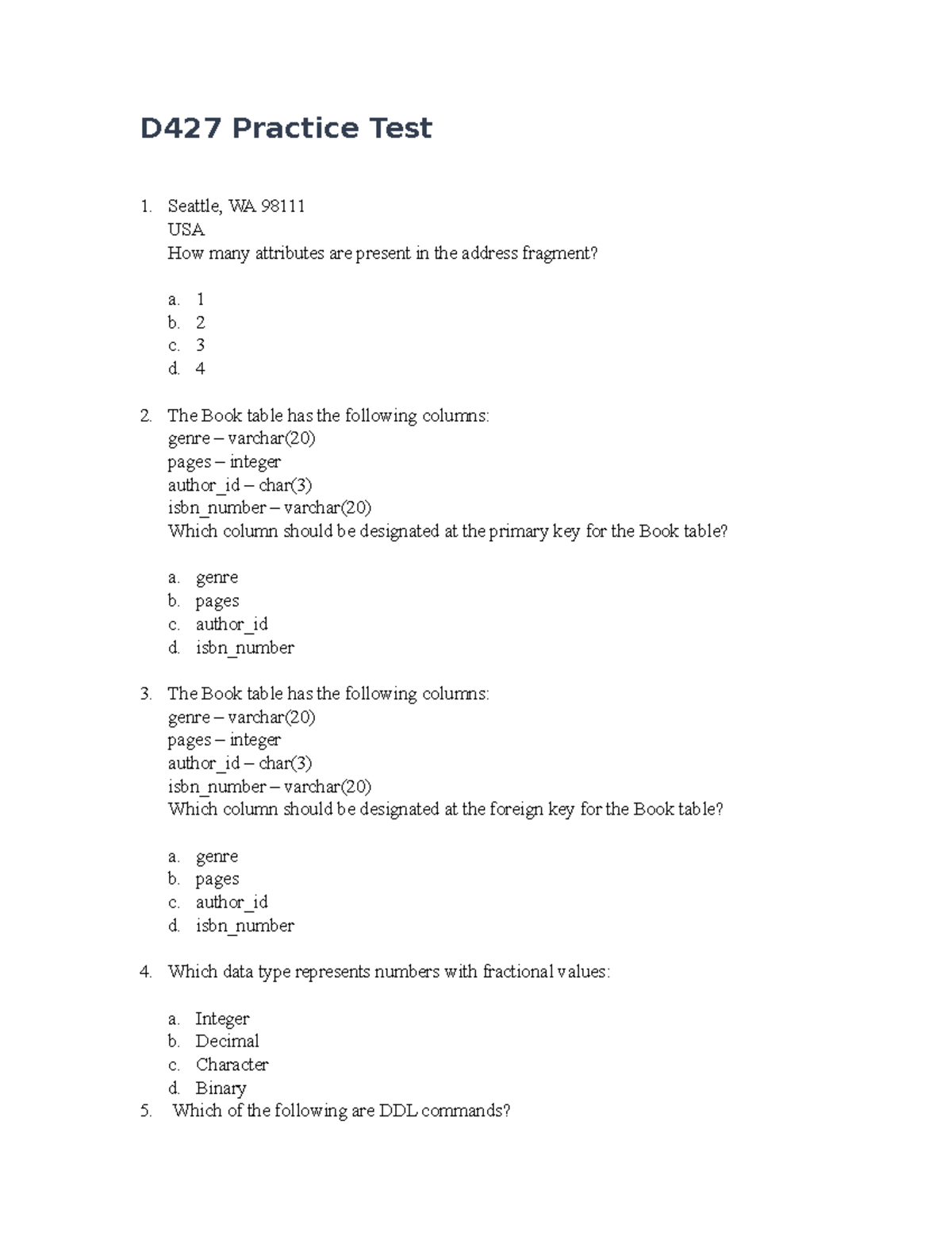 D427 Practice Test With Answer Key D427 Practice Test 1 Seattle WA