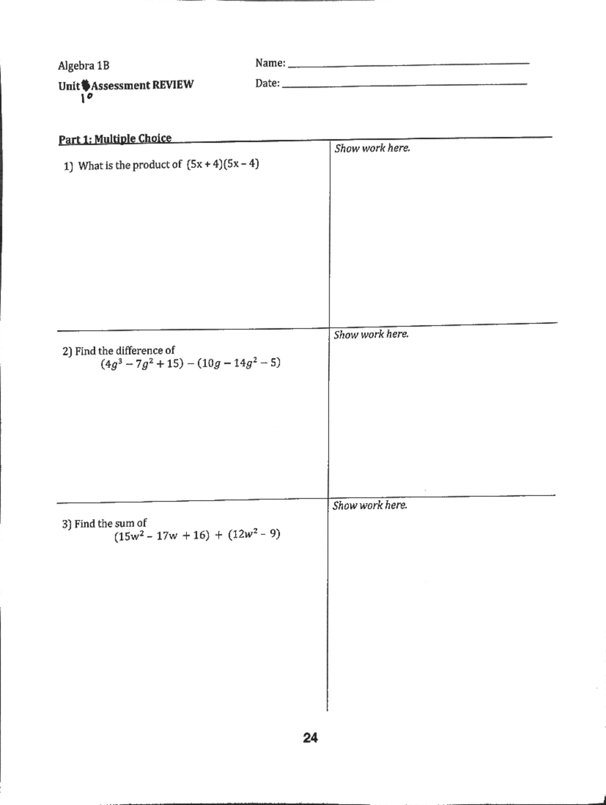 1B Unit 10 Review - with answer sheet. - Studocu