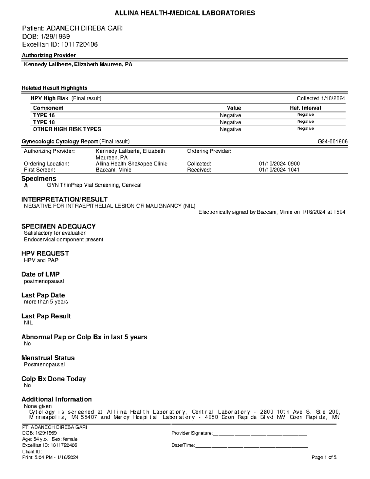 Scan GYN THIN PREP PAP Screen Imaged Jan 16, 2024 ALLINA HEALTH