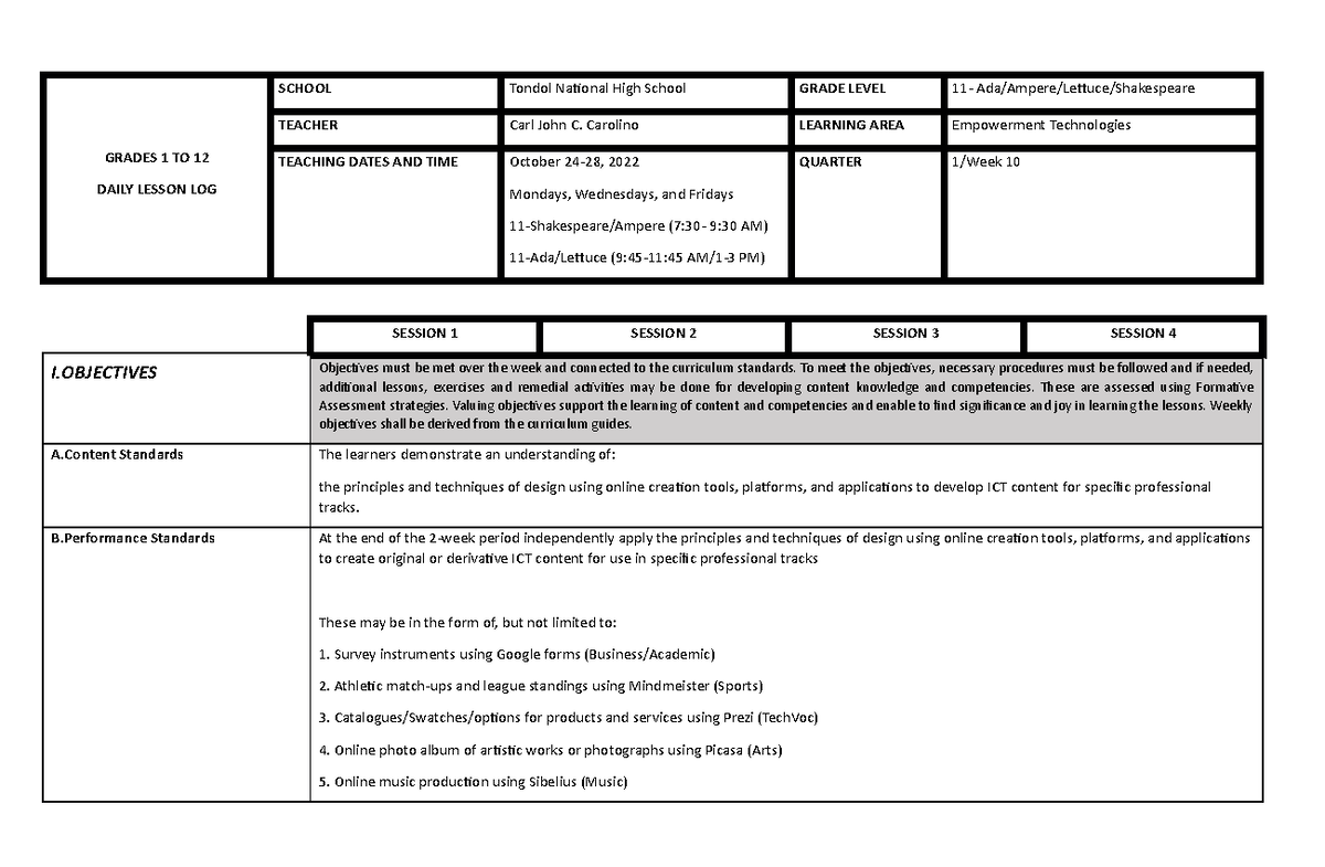 ET Q1 W10 - dll - GRADES 1 TO 12 DAILY LESSON LOG SCHOOL Tondol ...