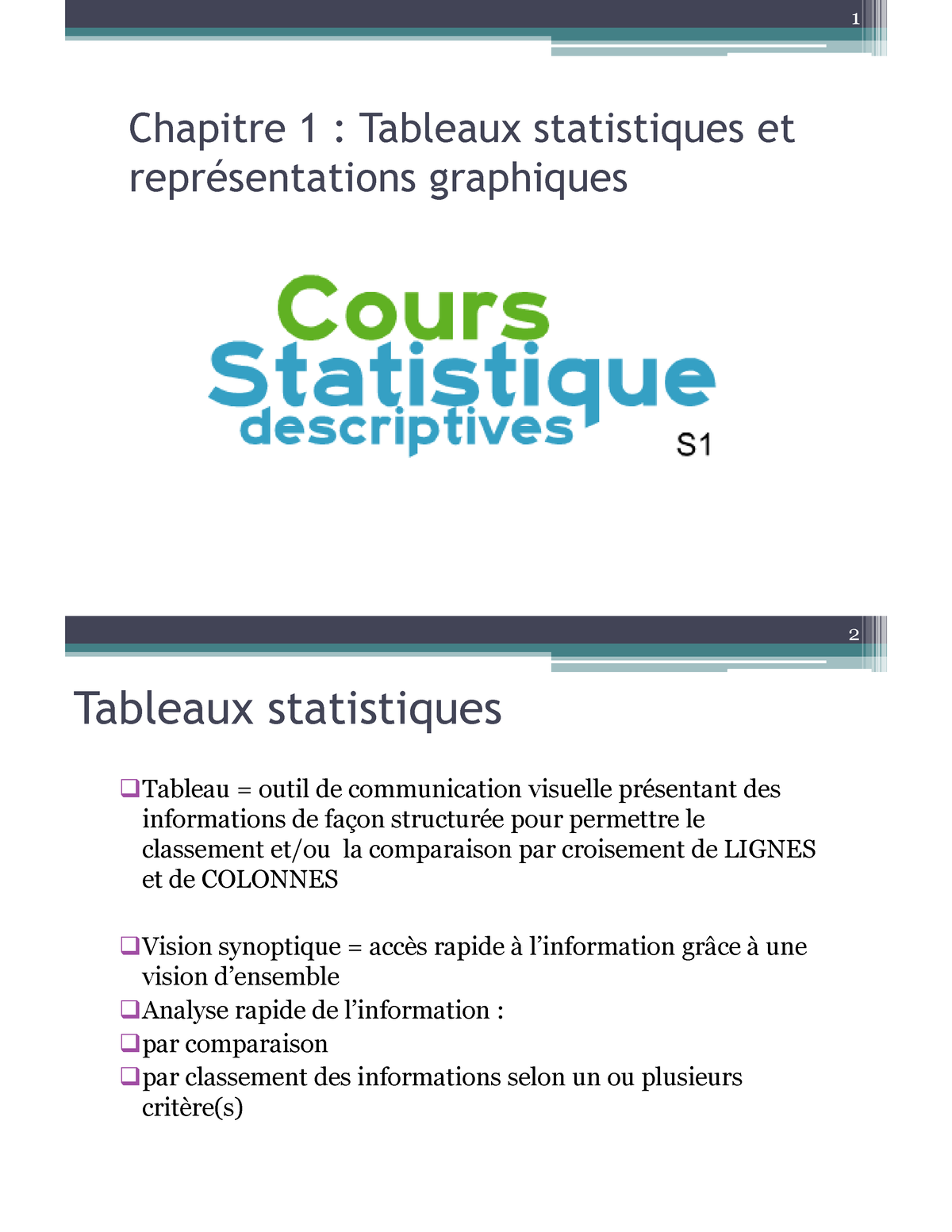 Tableaux Statistiques Et Représentations Graphiques - Chapitre 1 ...