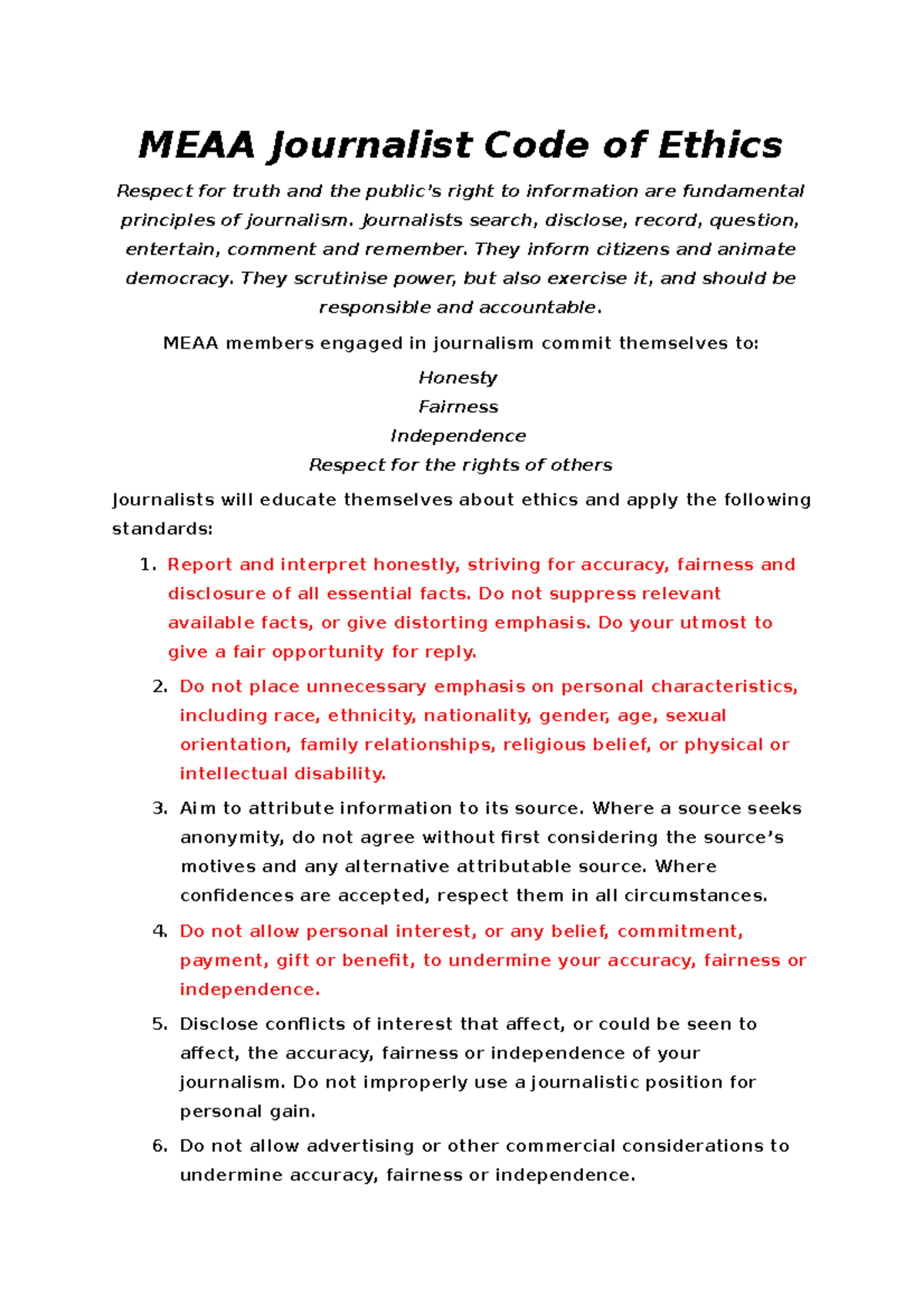 Journalist case study notes A2 MEAA Journalist Code of Ethics Respect for truth and the public