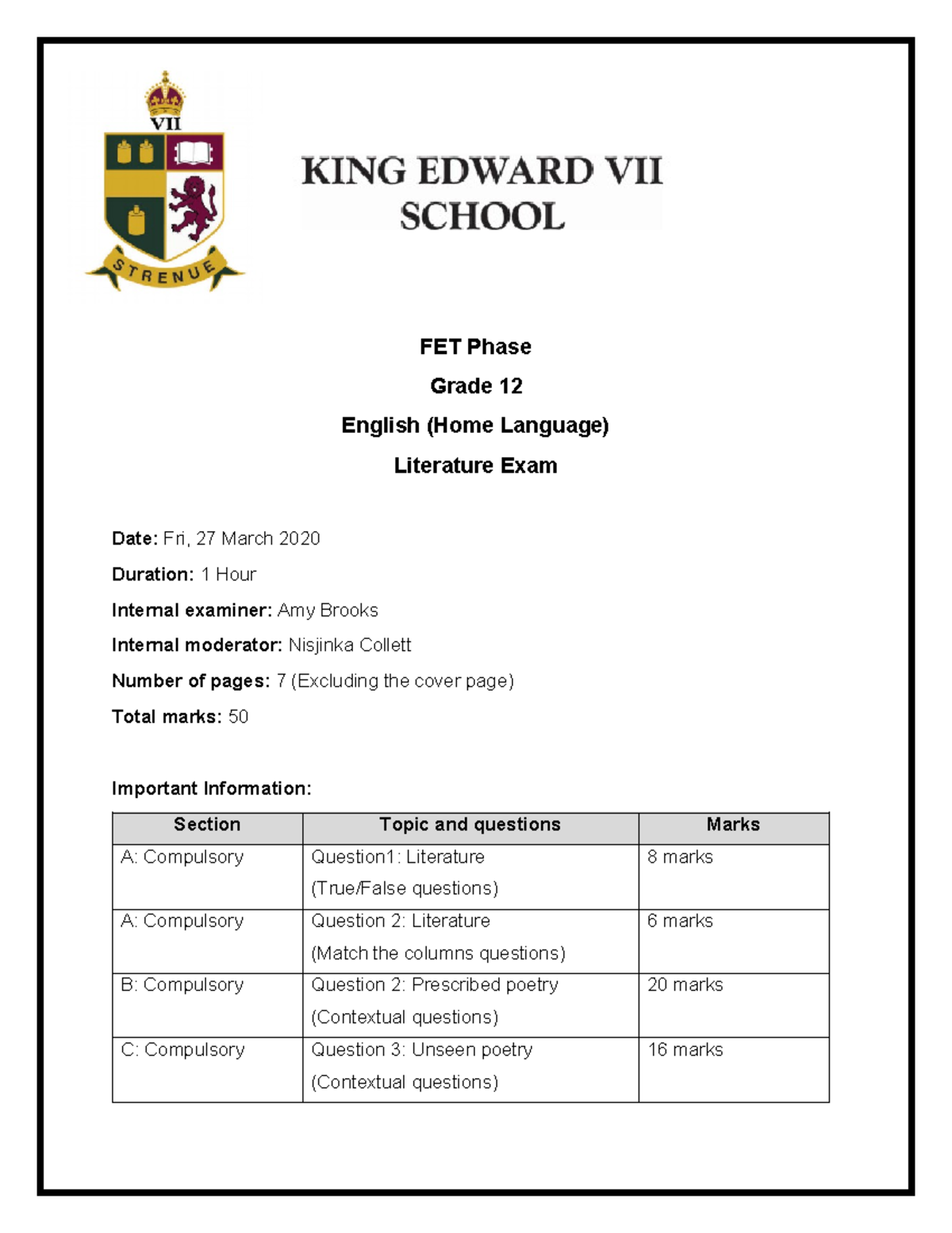 Sample paper 2 - FET Phase Grade 12 English (Home Language) Literature ...