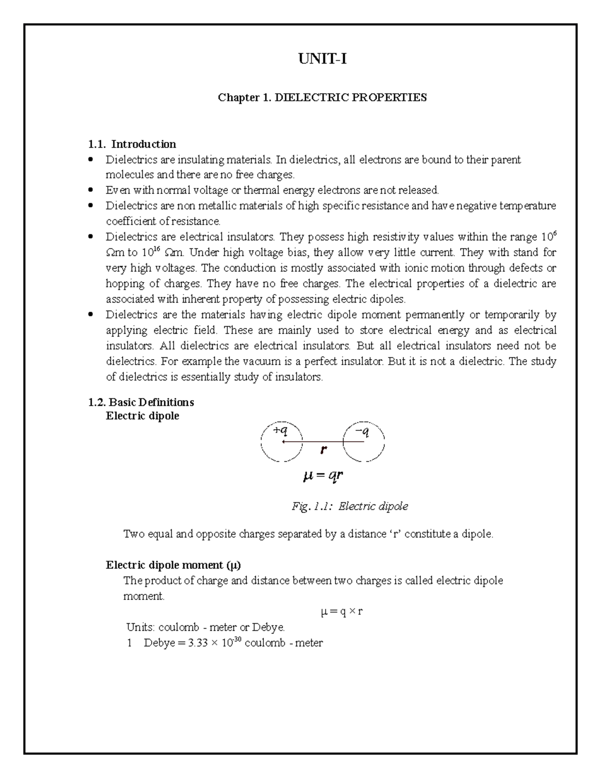 Module 1 Chapter 1 Applied Physic - UNIT-I Chapter 1. DIELECTRIC ...