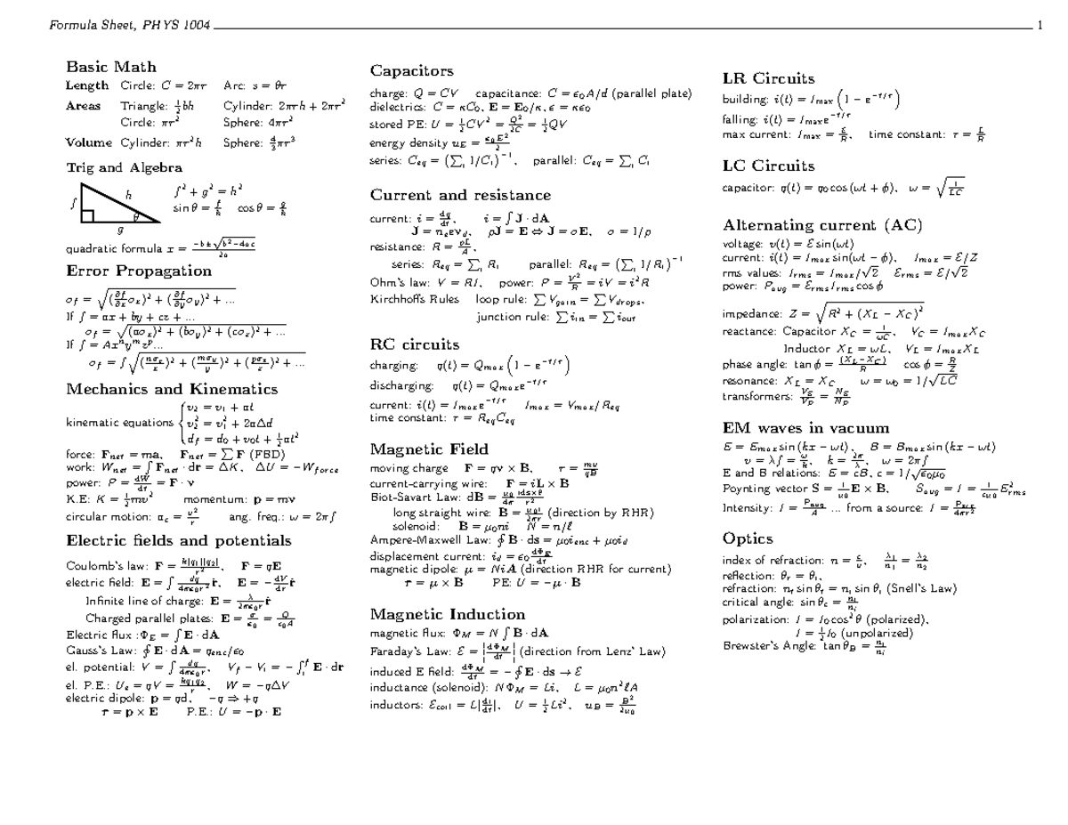 Phys1004 Formula Sheet Studocu