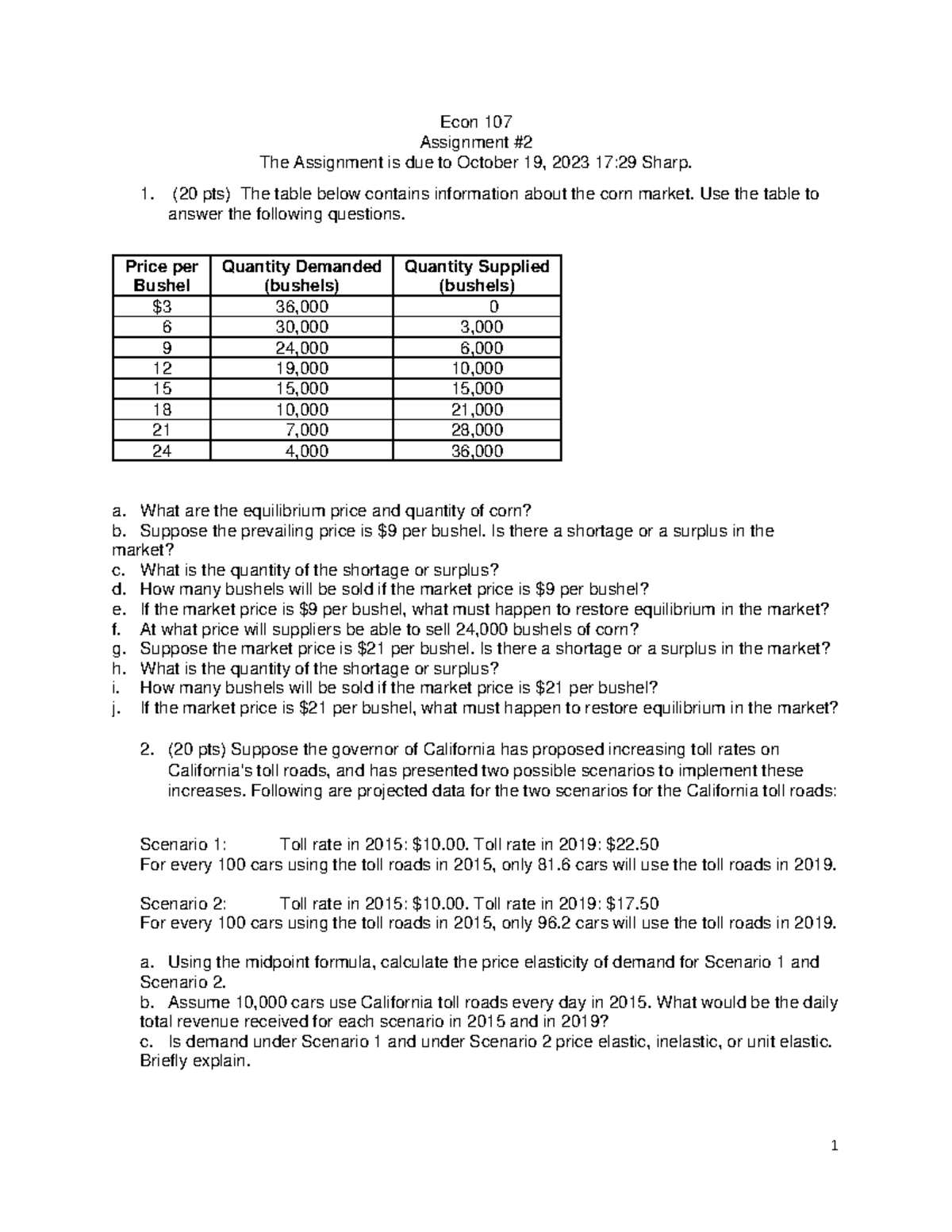 Assignment #2 - 1 Econ 107 Assignment # 2 The Assignment Is Due To ...