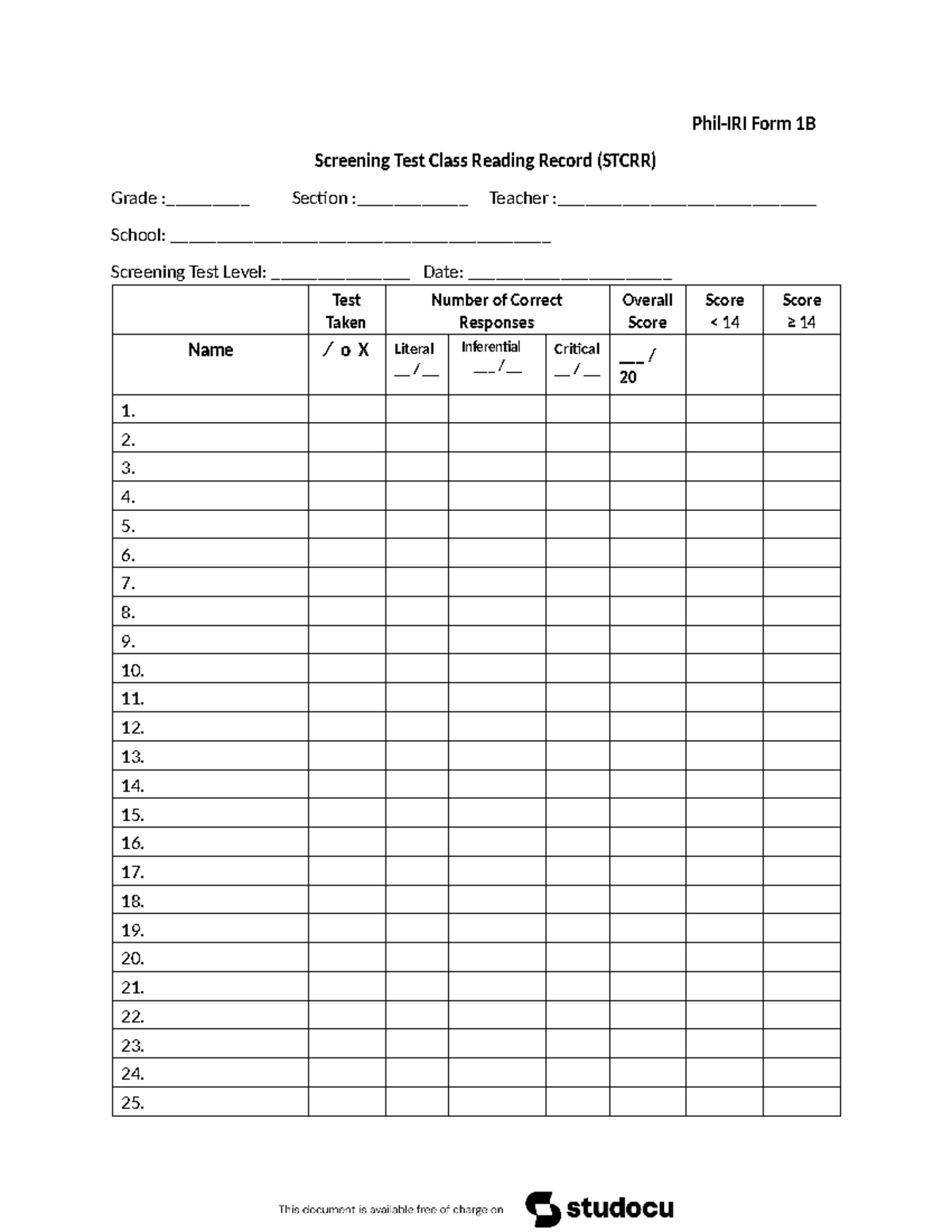 Phil-IRI GSST FORM - GSST FORM - Phil-IRI Form 1B Screening Test Class ...