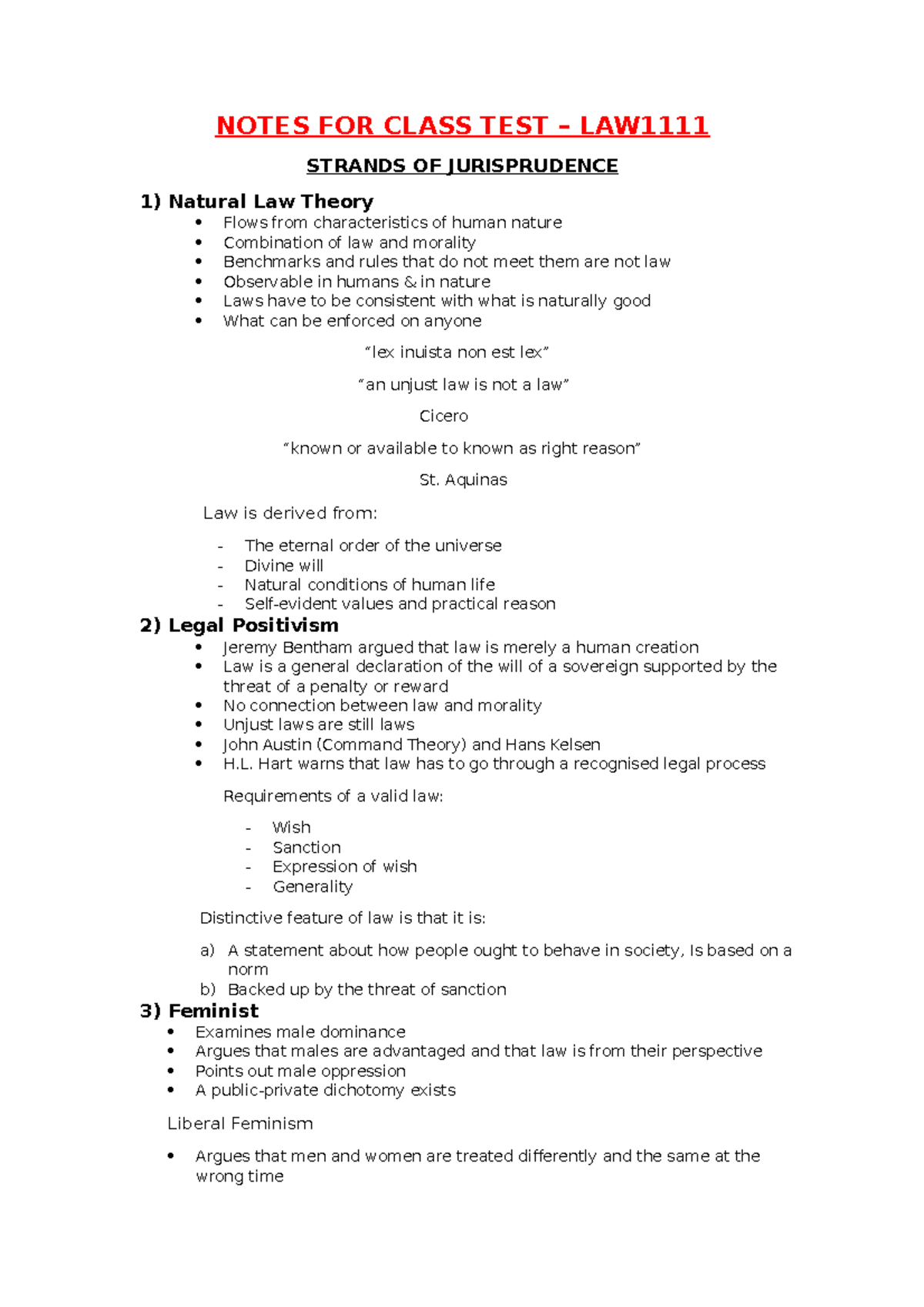 Notes For Class Test - NOTES FOR CLASS TEST STRANDS OF JURISPRUDENCE 1 ...